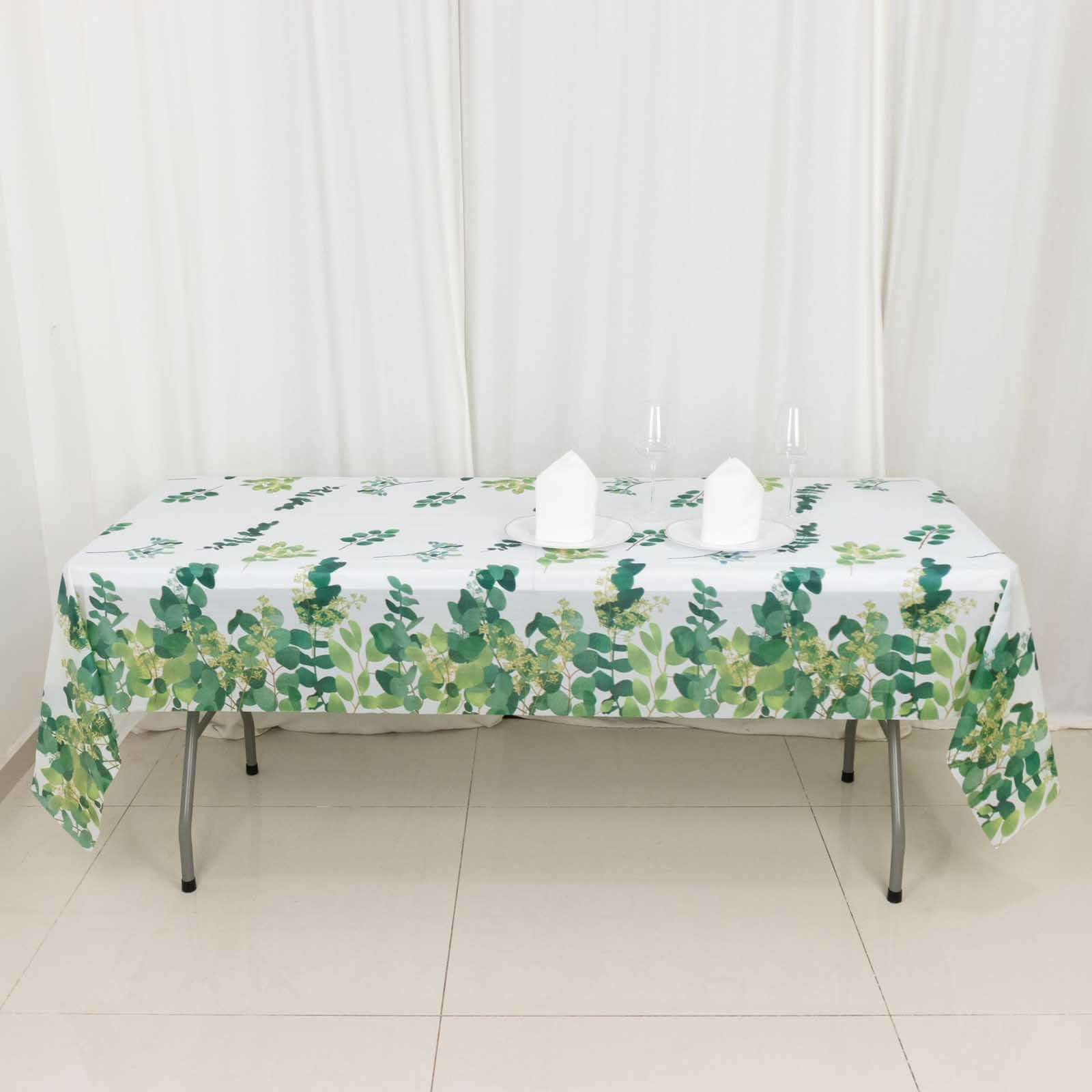 5-Pack Plastic Table Covers White/Green Rectangle with Eucalyptus Leaves Print - Decorative PVC Disposable Tablecloths 54x108