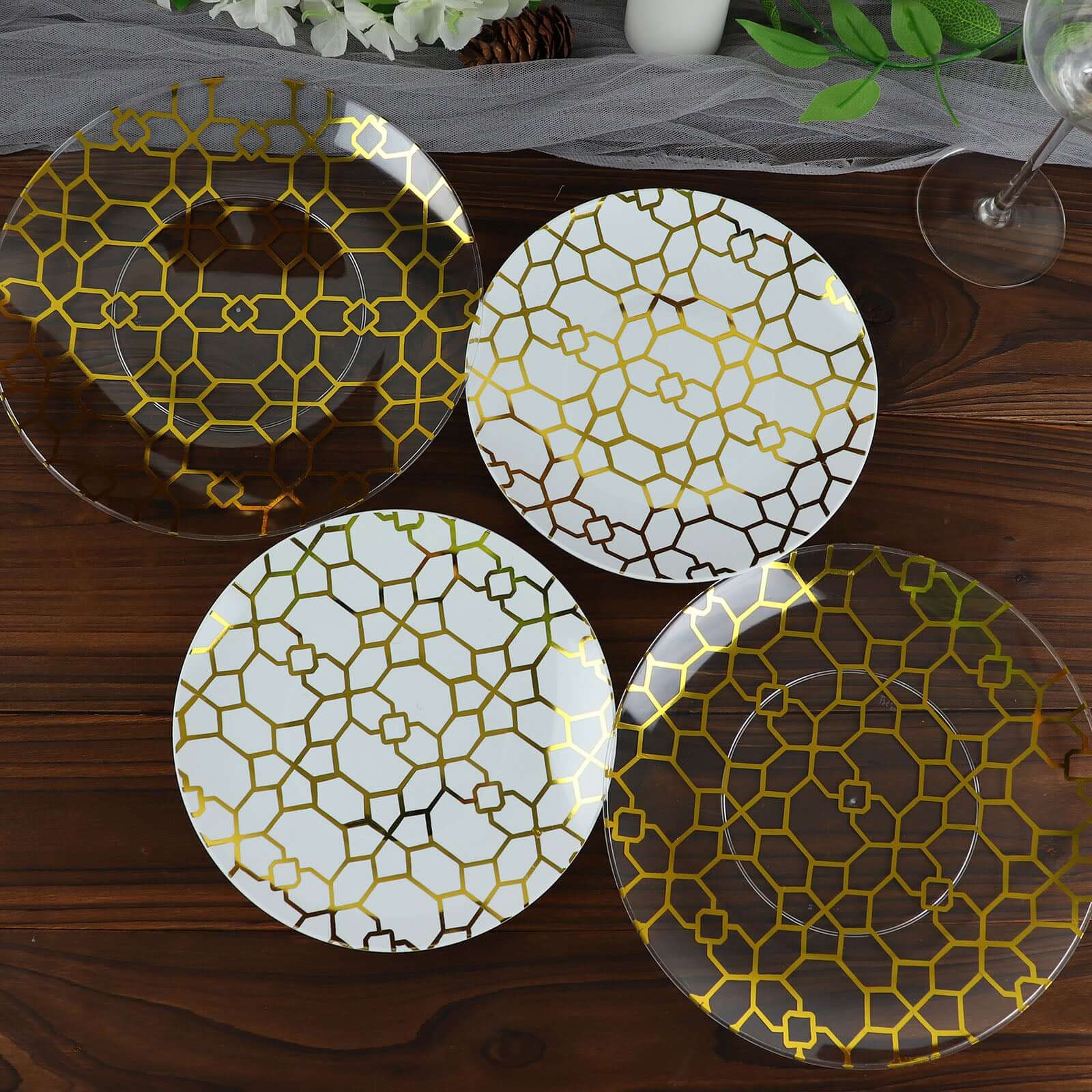 20-Pack Set Plastic Round Dinner and Salad Plates in White & Clear with Geometric Gold Print - Modern Disposable Dinnerware Set for Weddings & Celebrations 9, 7