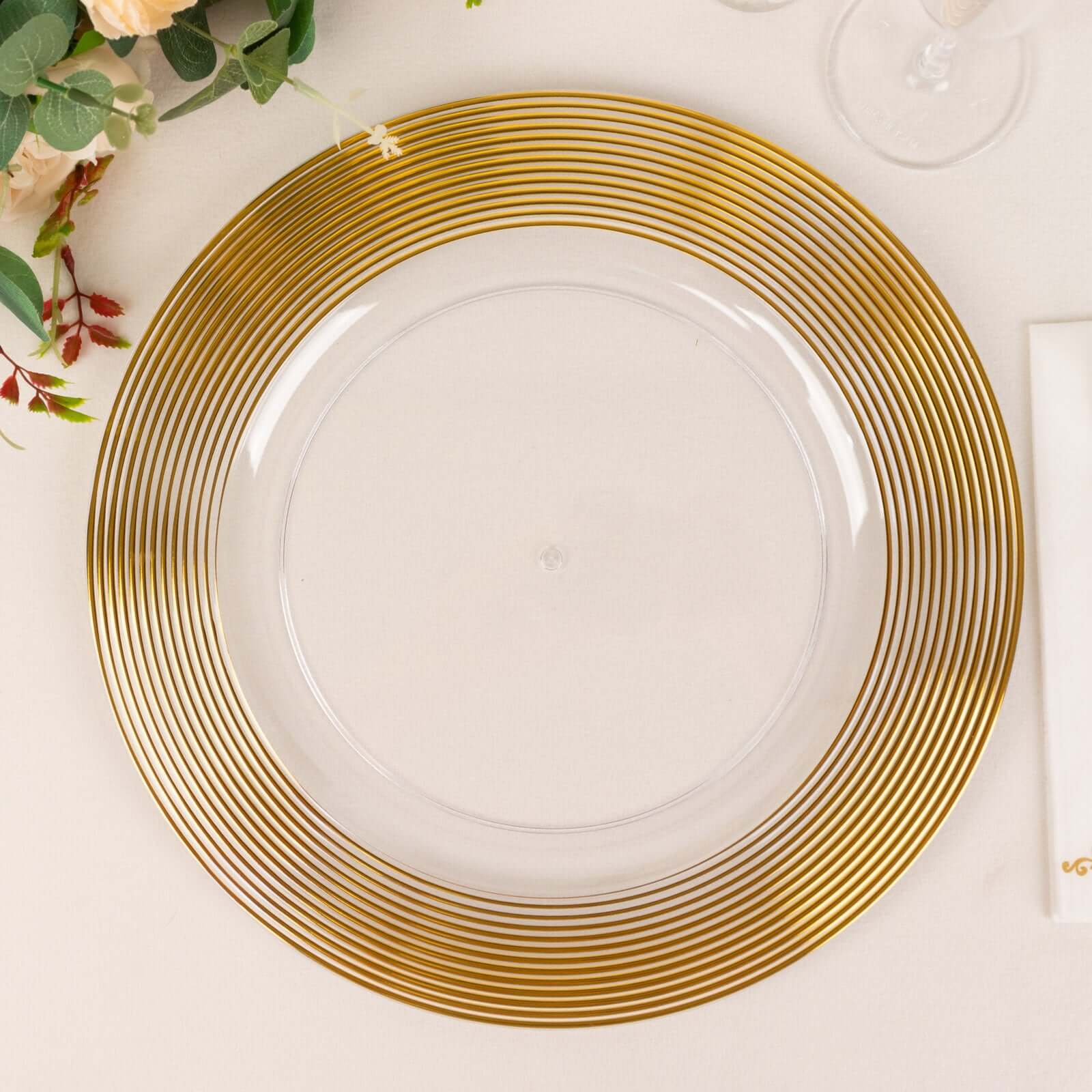 6-Pack Plastic Round Charger Plates 13 in Clear with Gold Lined Ring Rim, Classy Dinner Serving Plates