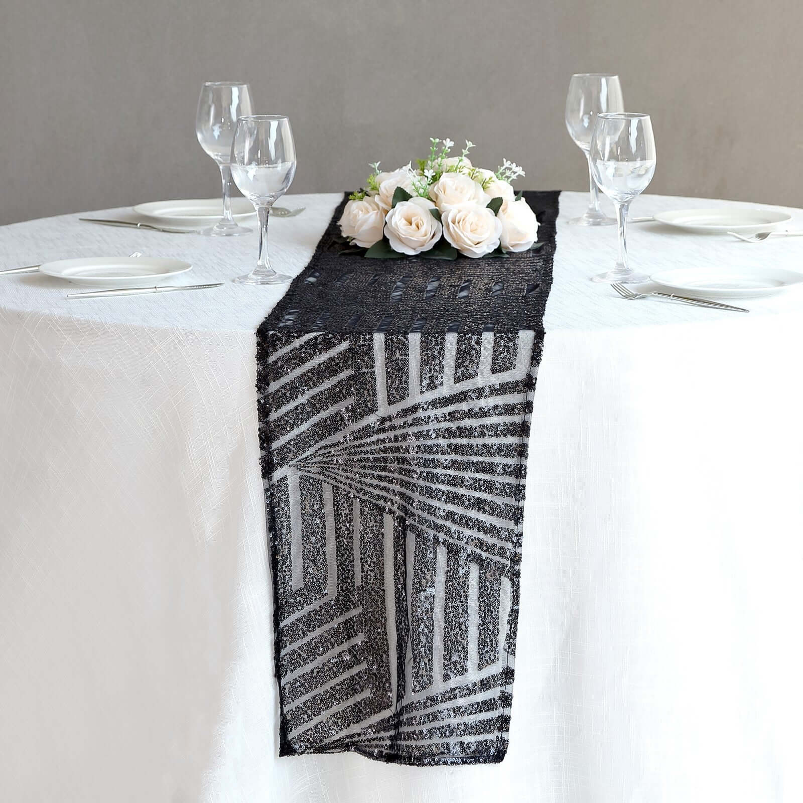 Sequin 12x108 Table Runner Black - Diamond Glitz Design