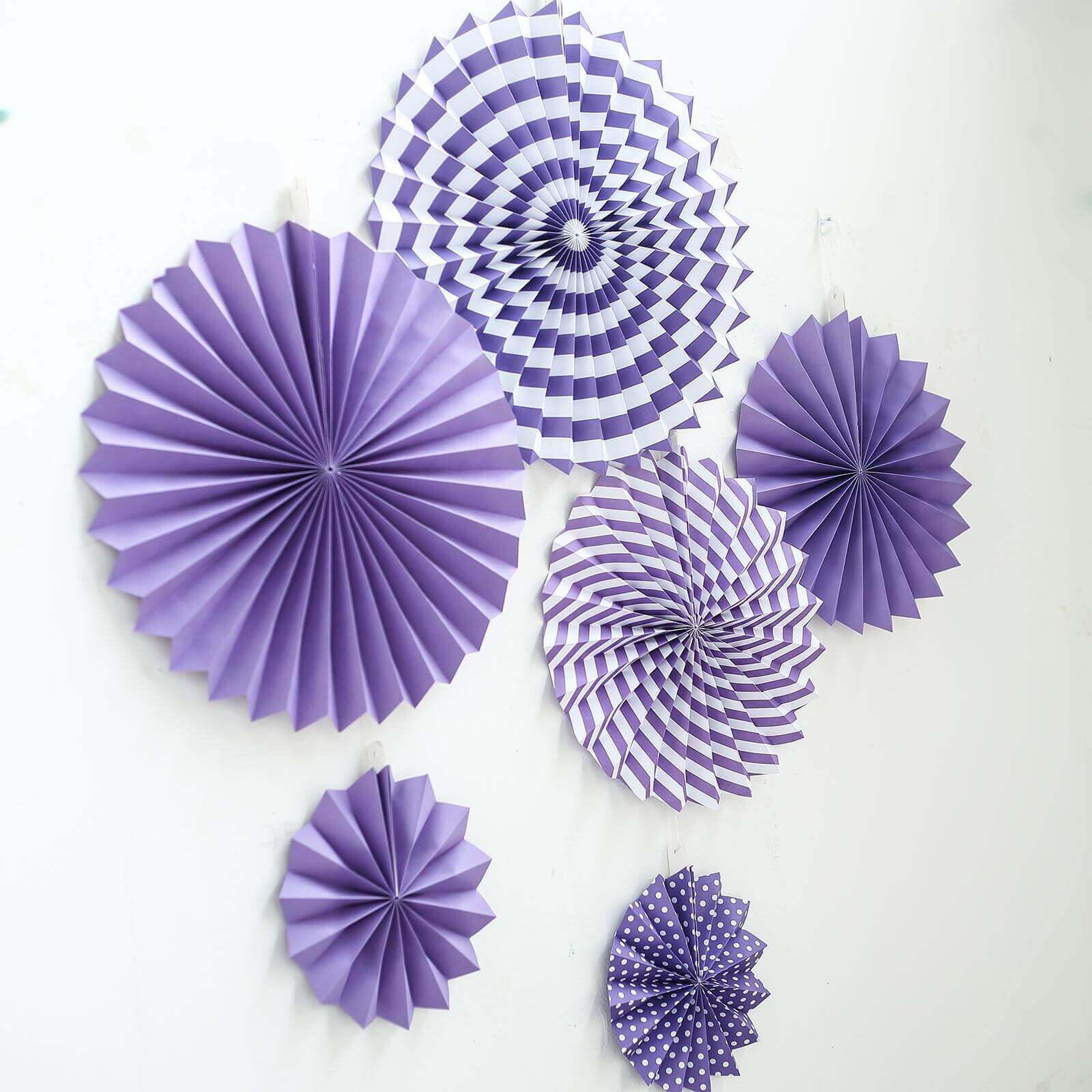 Set of 6 Purple Hanging Paper Fan Decorations, Pinwheel Wall Backdrop Party Kit - 8, 12, 16