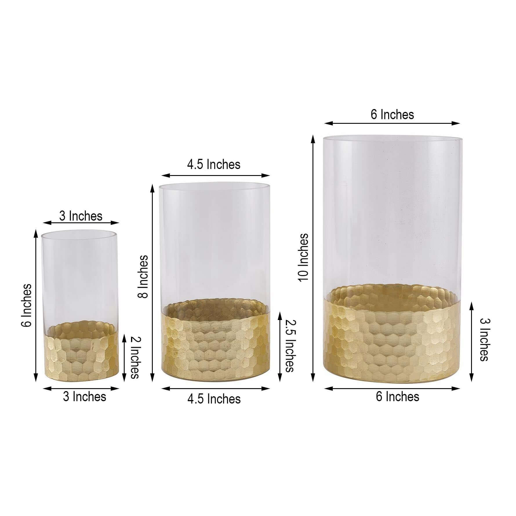 Set of 3 Glass Cylinder Vases Honeycomb Design Clear with Gold Base - Decorative Candle Holder Centerpieces 6, 8, 10