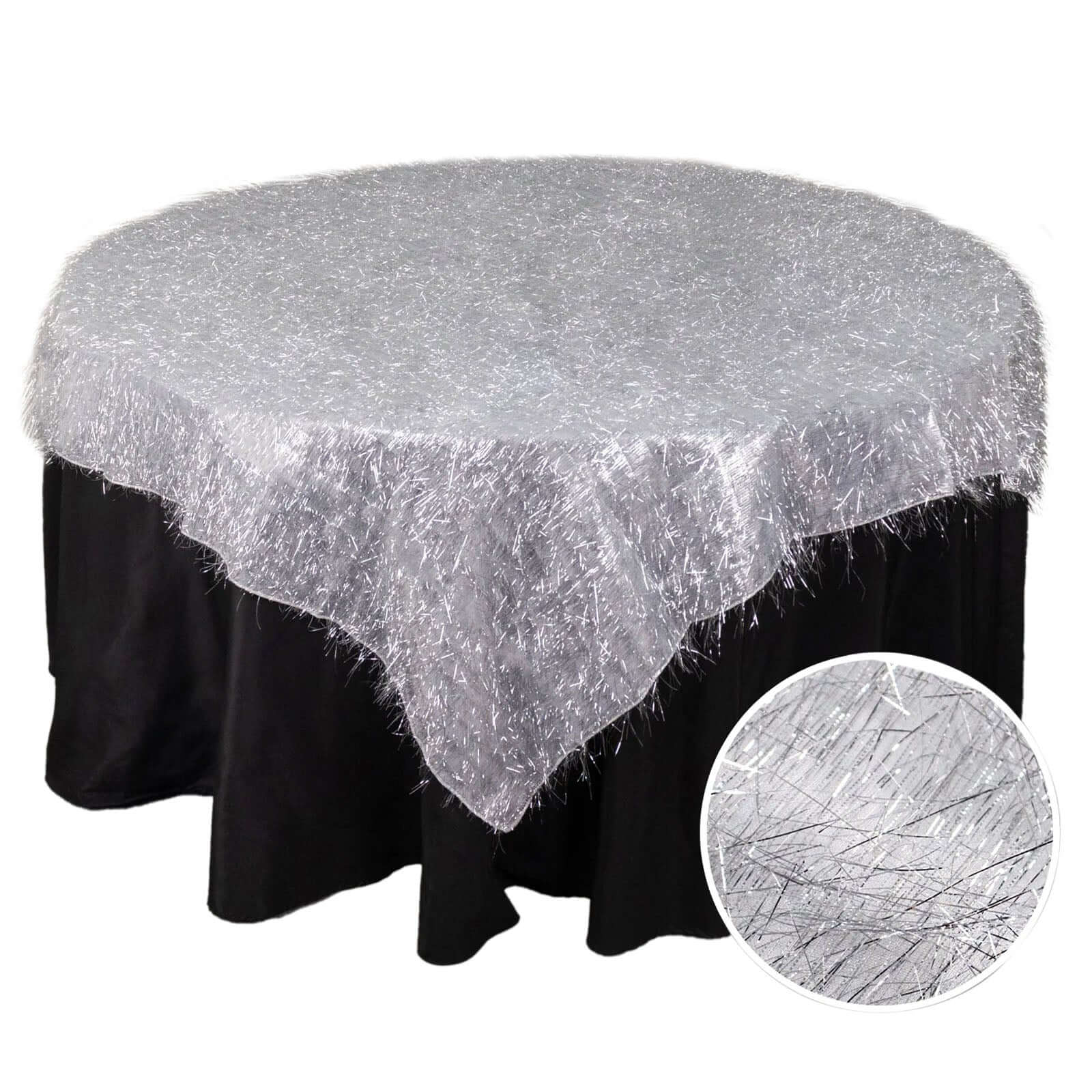 Polyester 72x72 Table Overlay Square Tablecloth Silver - Metallic Fringe Shag Tinsel Table Cover