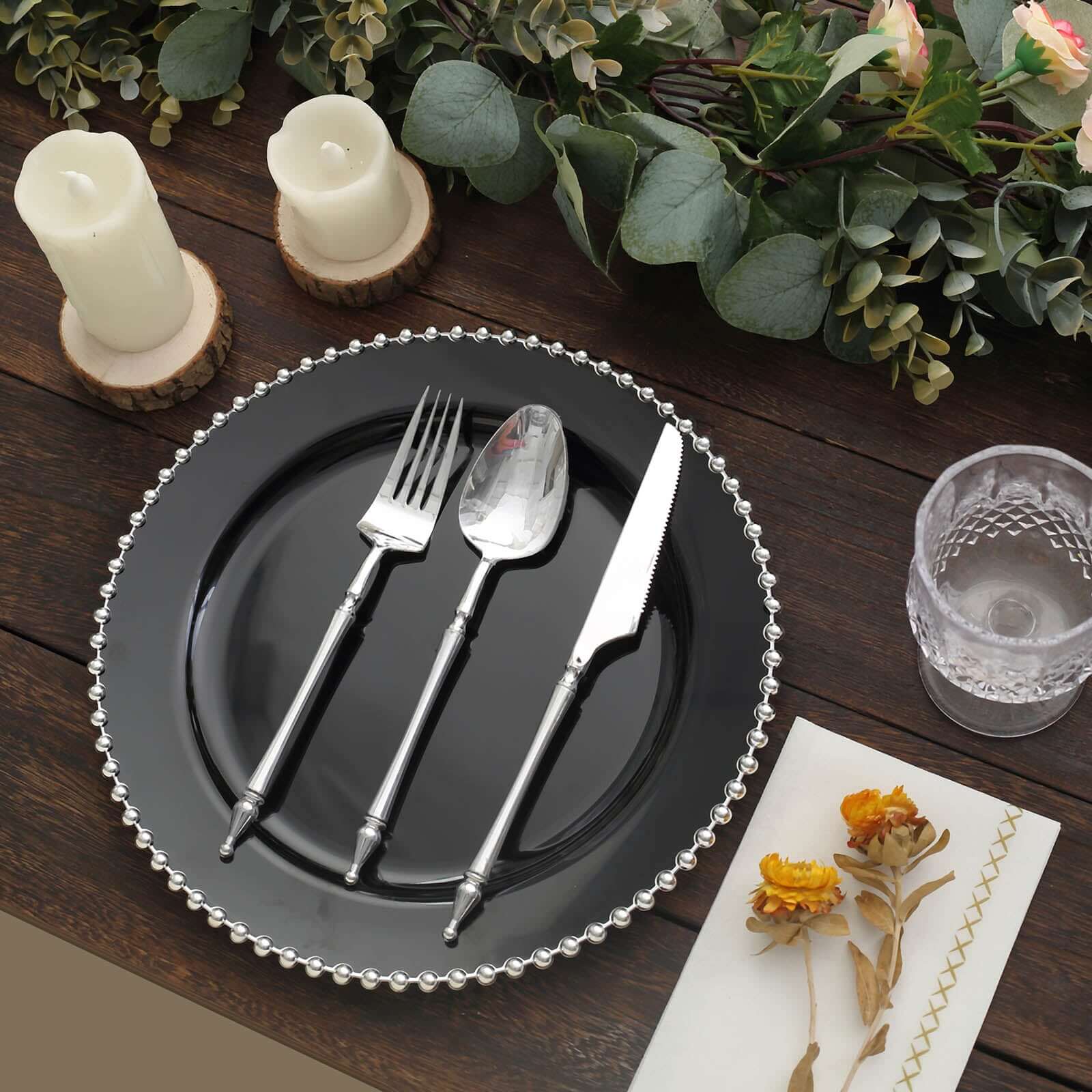 10-Pack Plastic 10 Round Dinner Plates in Black with Silver Beaded Rim - Disposable Party Plates