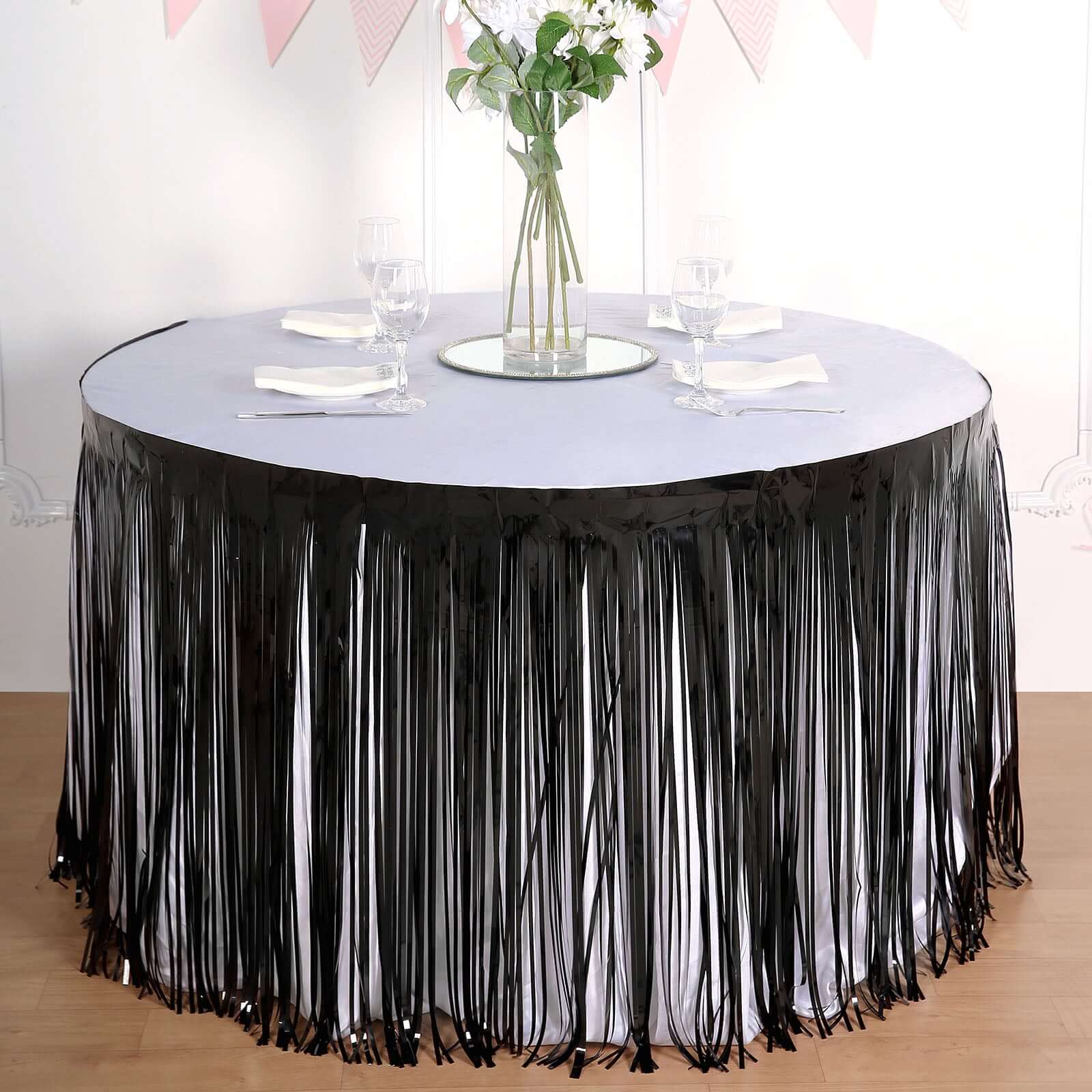 Metallic Foil Fringe Table Skirt Black with Self Adhesive Backing - Durable Tinsel Skirt for Parties 30x9ft