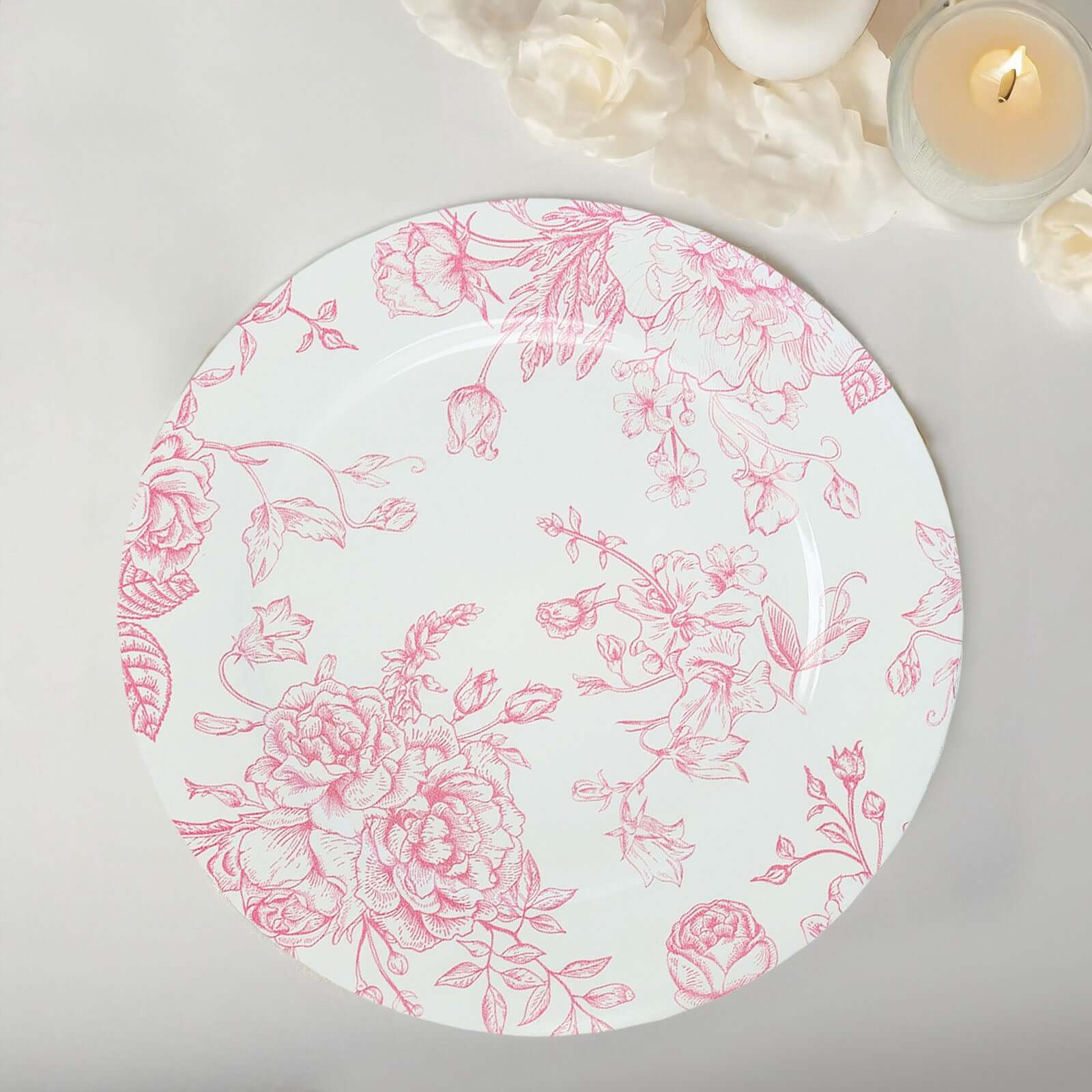 6-Pack Acrylic Round Charger Plates 13 in White with Pink Floral French Toile Pattern, Decorative Dinner Party Charger Tableware