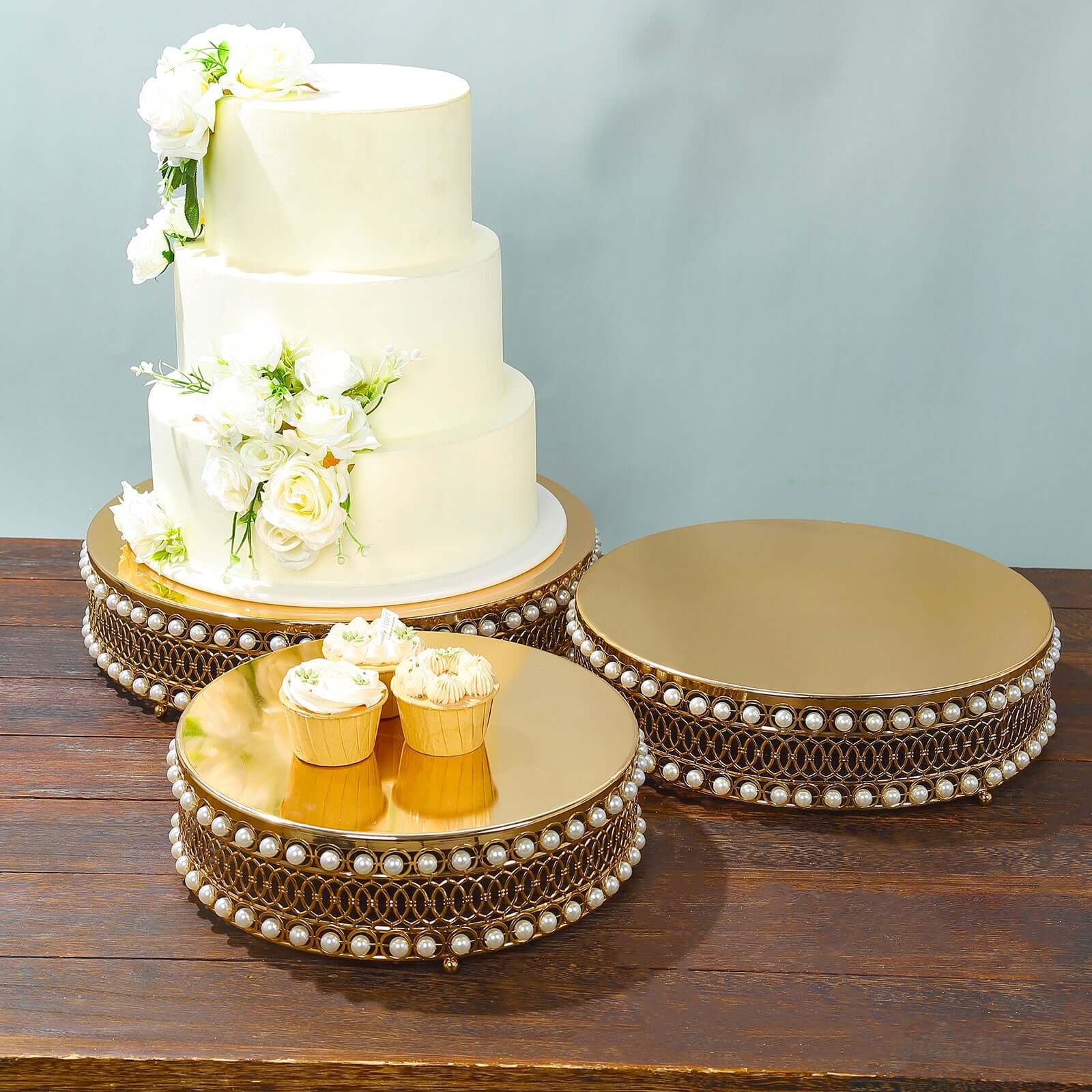 Set of 3 Cake Stands Round Design with Mirror Top Gold - Pearl Beaded Stackable Cupcake Holders Metal 12, 14, 16