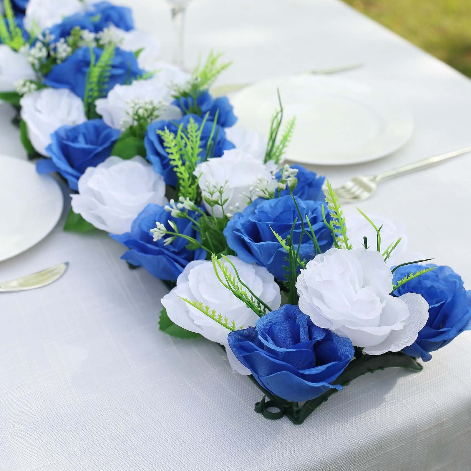 6 Pack White Royal Blue Silk Rose Flower Panel Table Runner, Artificial Floral Arrangements Wedding Table Centerpiece - 20x8