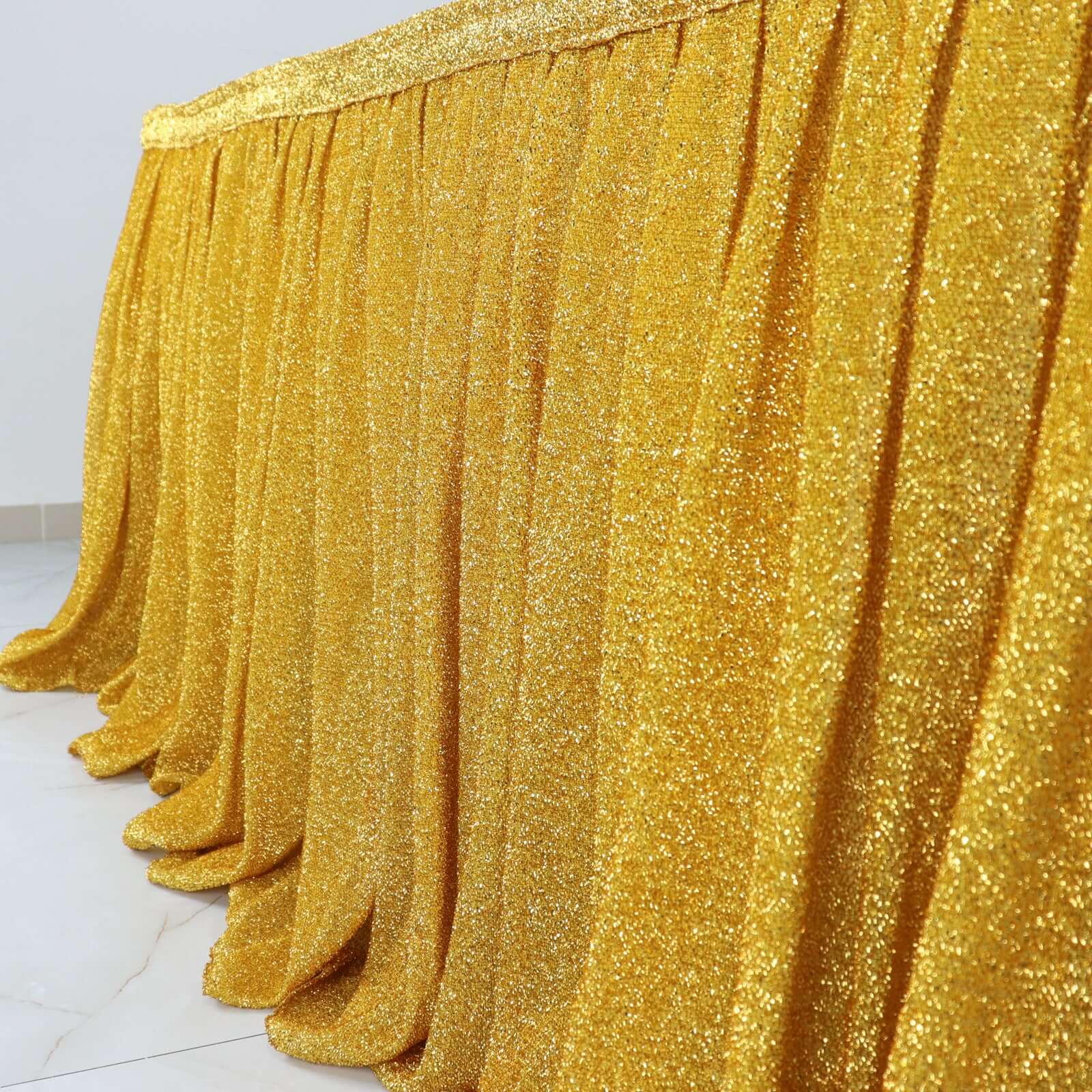 Spandex 17ft Table Skirt Gold Pleated Metallic Shimmer Tinsel with Top Velcro Strip Event Decoration