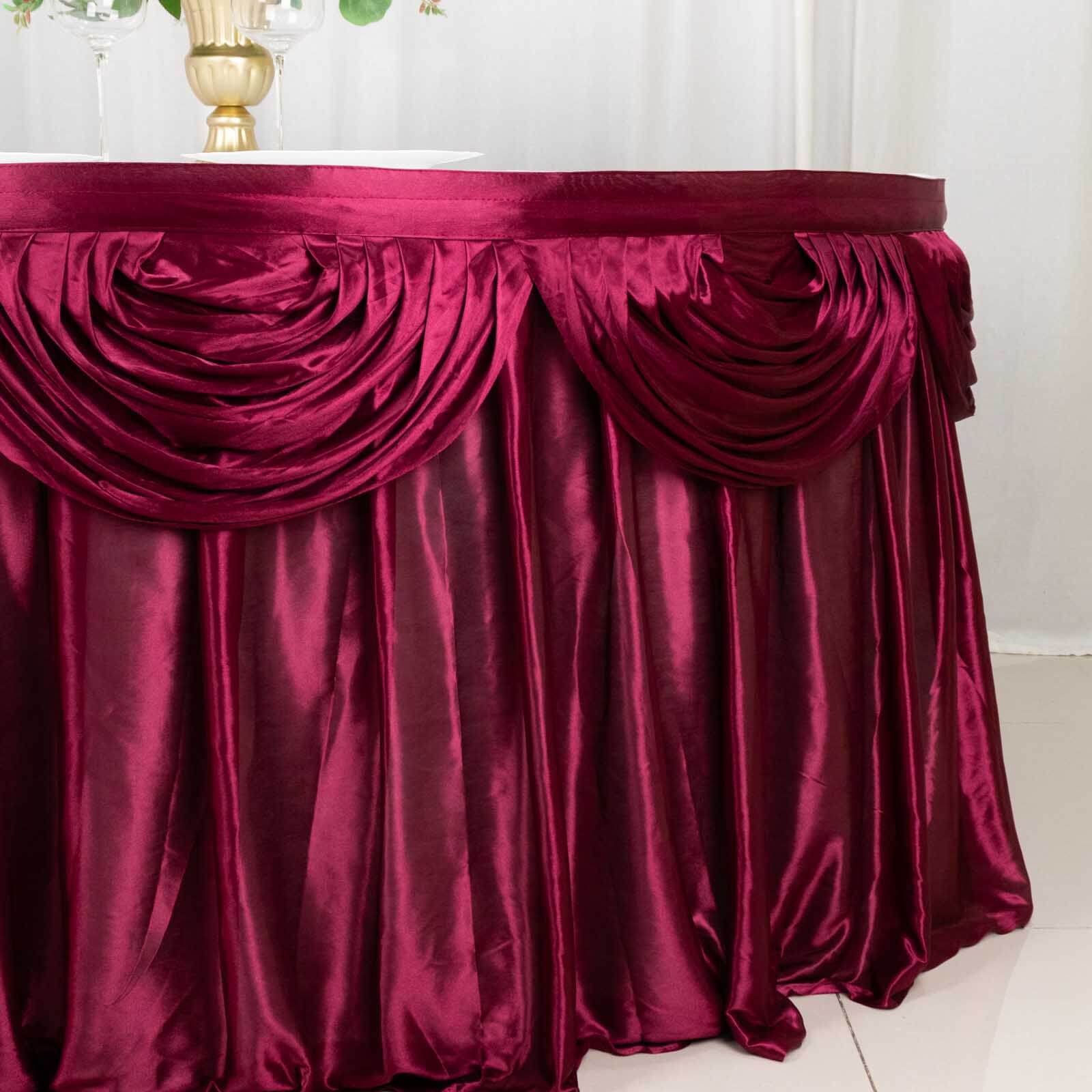 Satin 14ft Table Skirt Burgundy - Pleated Double Drape Table Cover