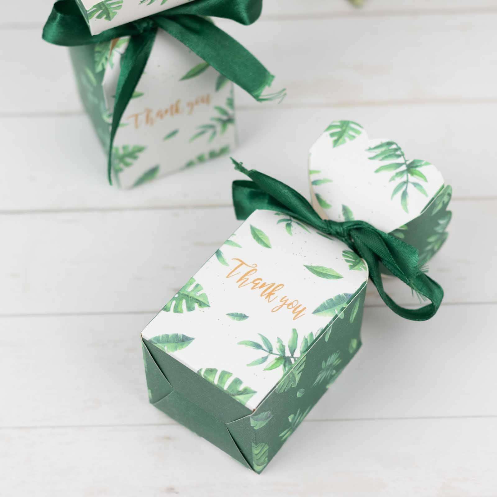 25 Pack White Green Leaf Print Satin Ribbon Candy Gift Boxes With Floral Top, Cardstock Paper Party Favor Boxes - 2x5