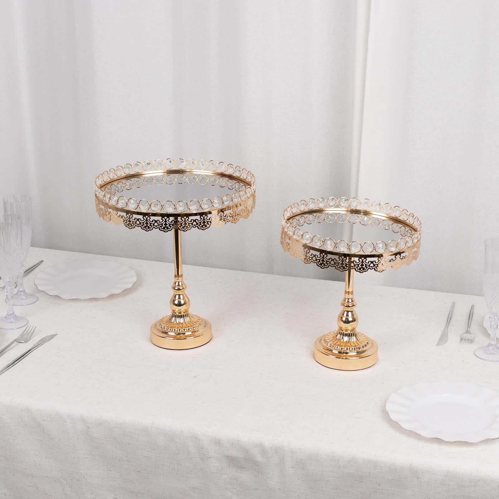 Set of 2 Pedestal Cake Stands Round Design with Mirror Top Gold - Crystal Beaded Cupcake Dessert Display Metal 11, 13