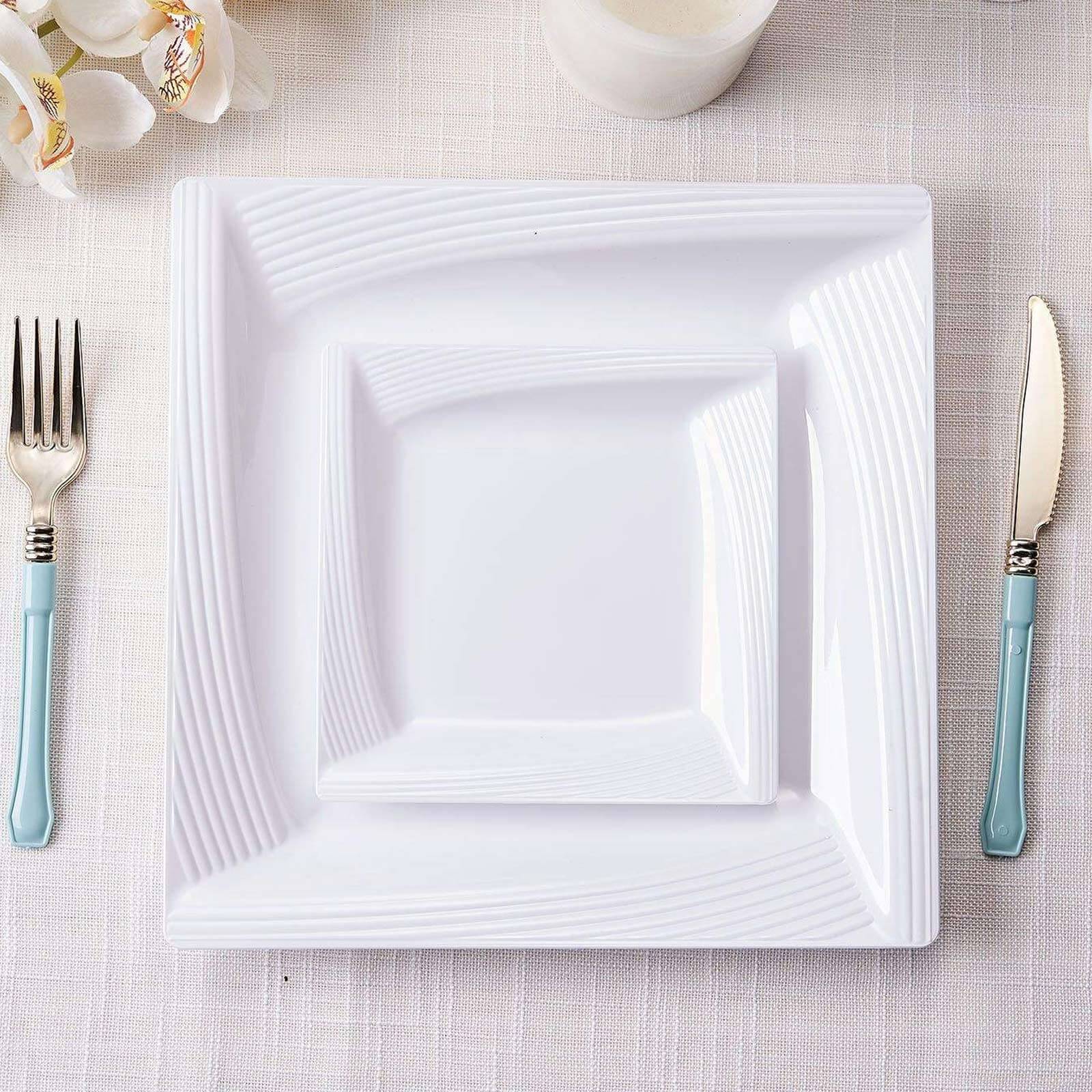 10-Pack Plastic 6 Square Dessert Plates in White with Geometric Ridge Trim - Disposable Appetizer Salad Plates for Stylish Gatherings & Celebrations