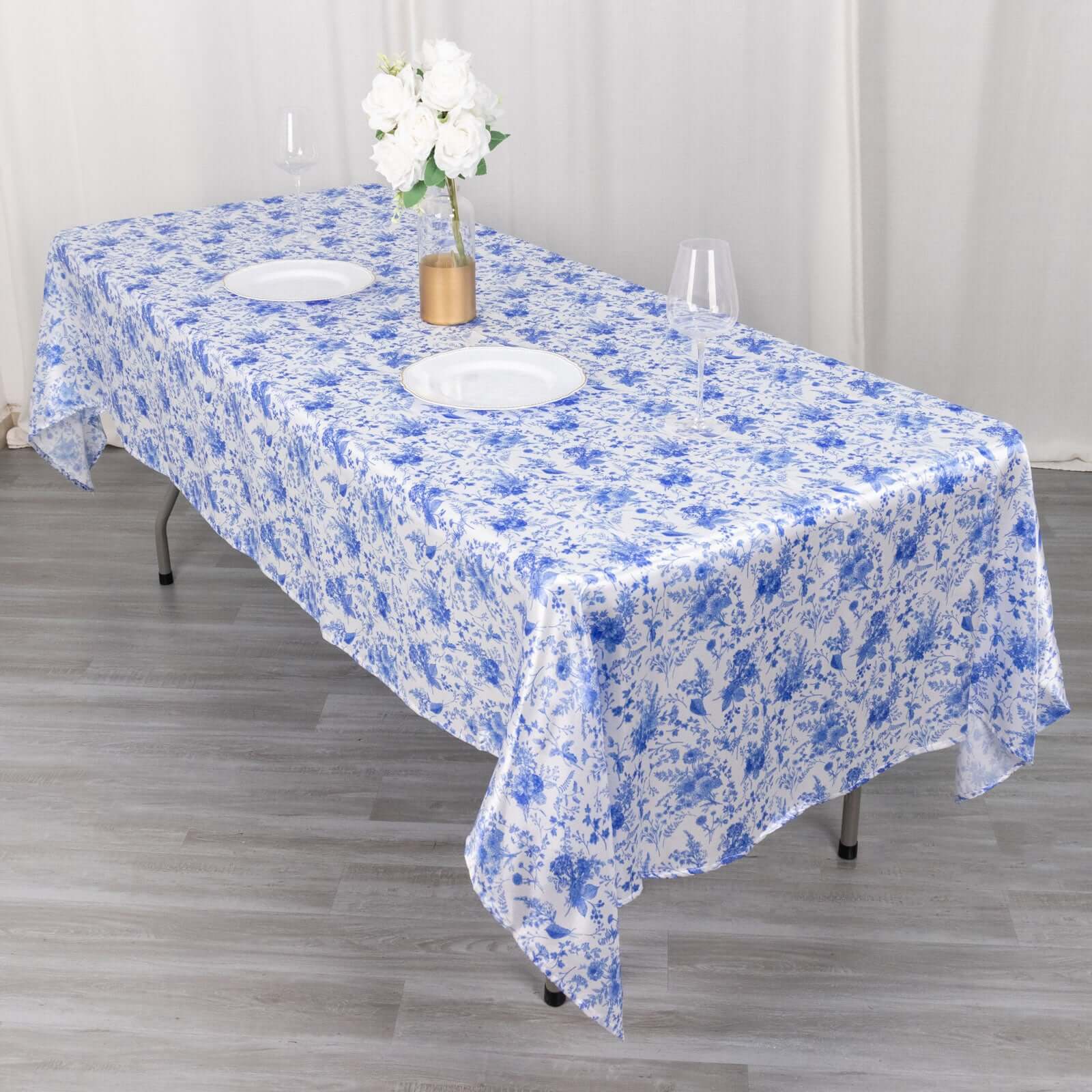 Satin Round 60x102 Tablecloth White/Blue French Toile Design - Stylish & Wrinkle-Resistant Table Cover