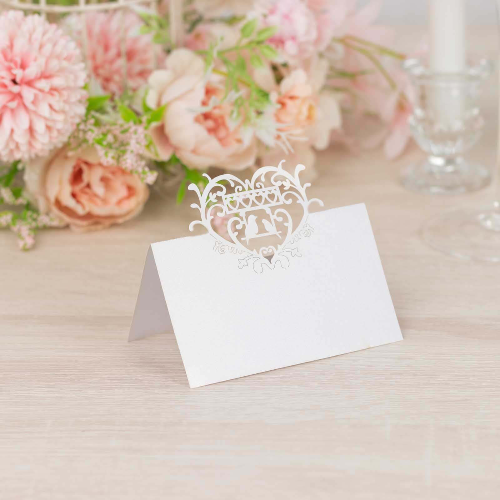 50-Pack Wedding Place Cards with Laser Cut Hollow Heart Design White - Printable Reservation Seating Tent Cards 210 GSM