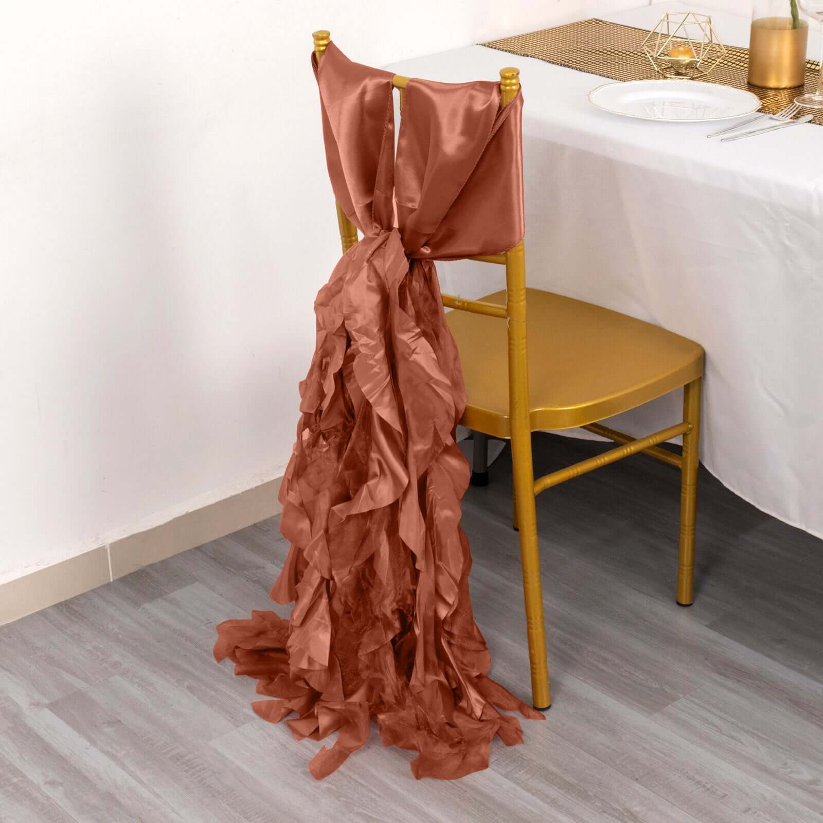 5 Pack Chiffon Satin Chair Sashes Terracotta (Rust) - Easy to Install Ruffled Curly Willow