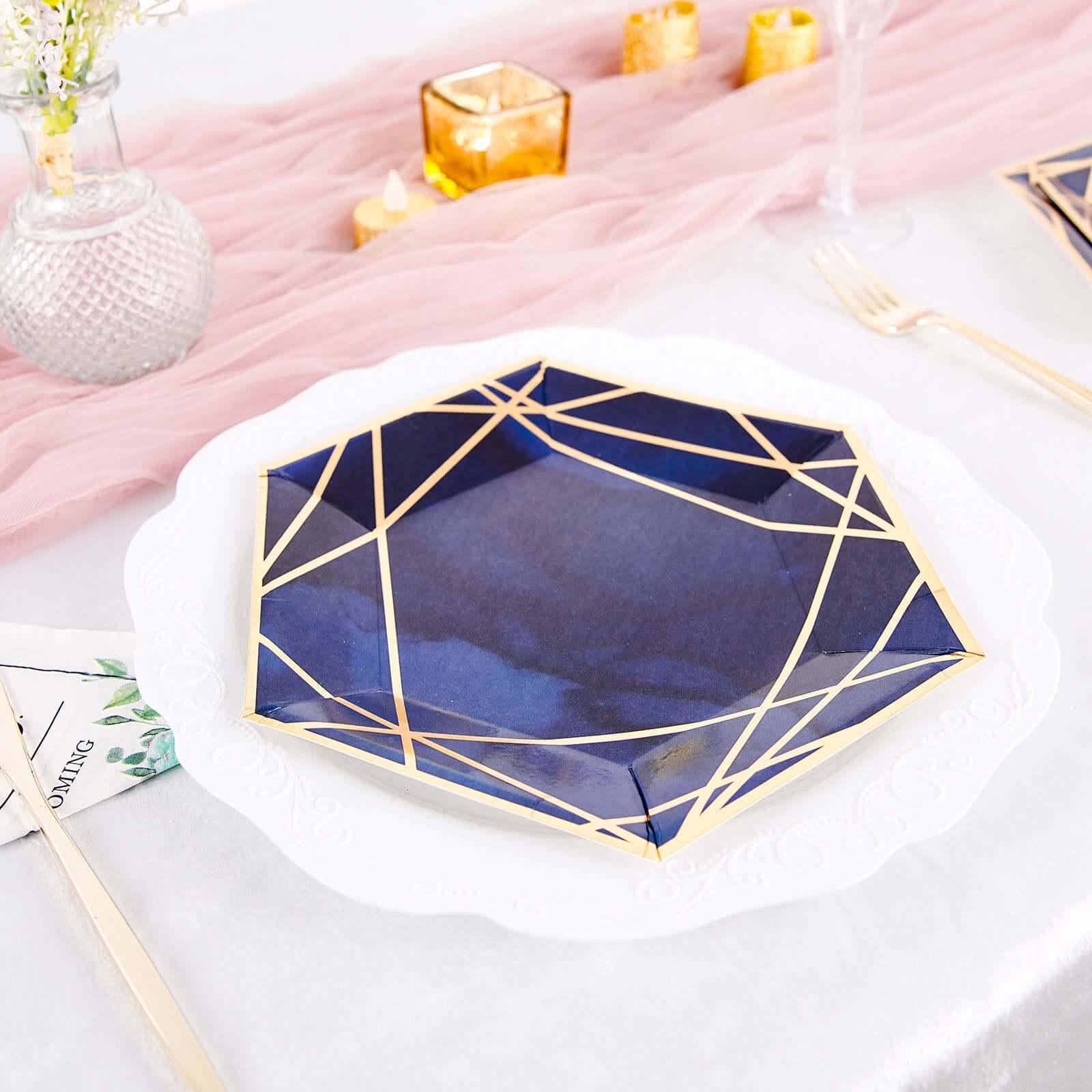 25-Pack Paper 7 Hexagon Dessert Plates in Navy Blue with Gold Geometric Lines & Rim - Stylish Disposable Geometric 300GSM Appetizer Salad Plates