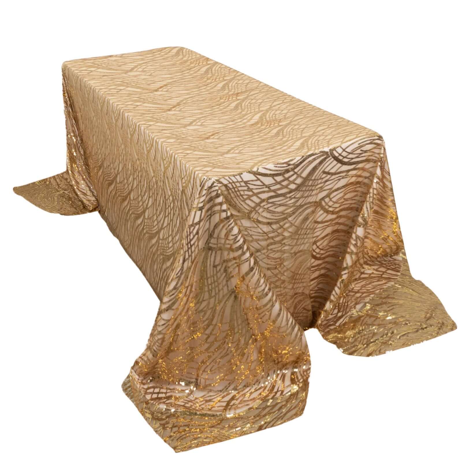 Mesh 90x156 Rectangle Tablecloth Rose Gold/Gold - Wave Sequin Embroidered Table Cover