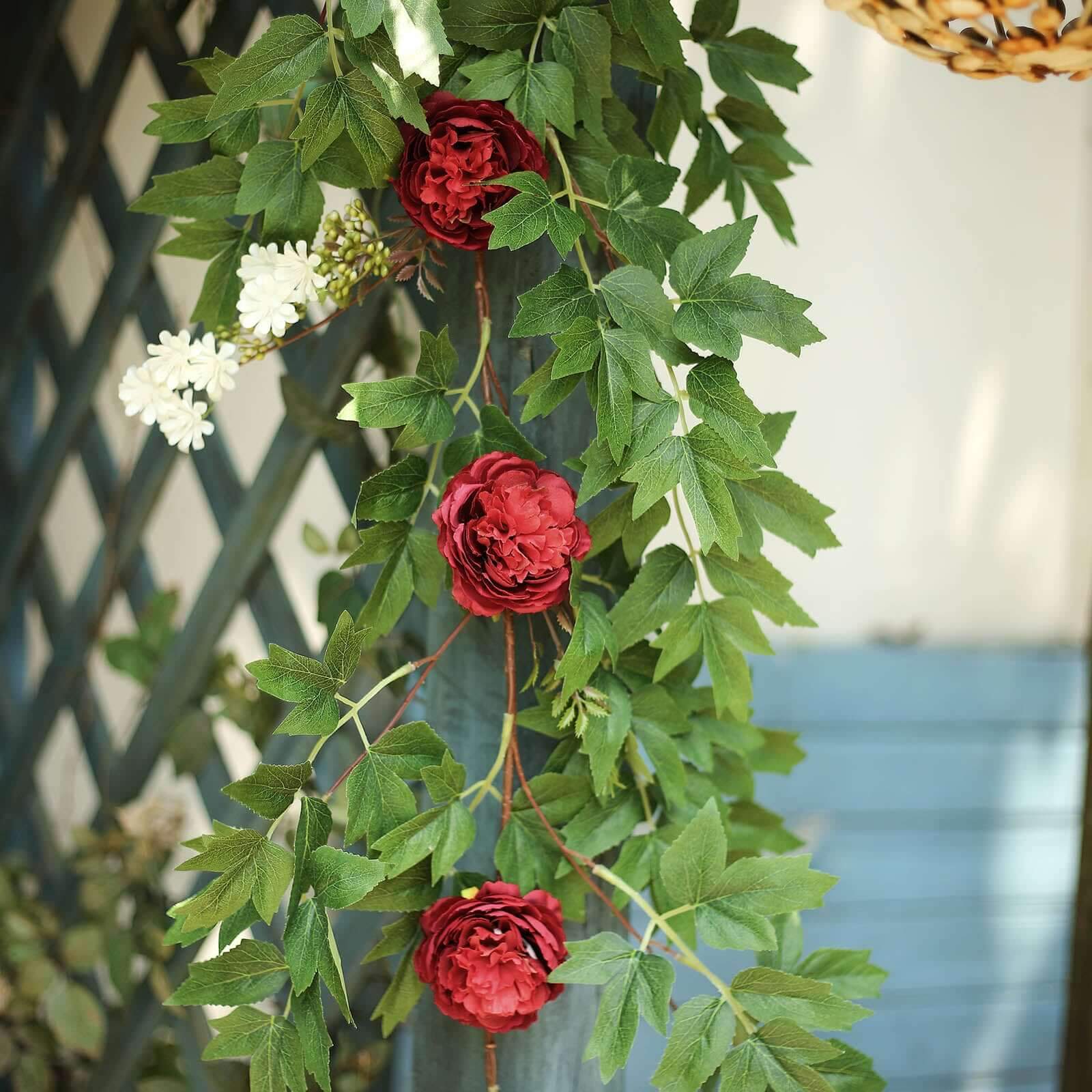 6ft Burgundy Artificial Peony Foliage Hanging Flower Garland Vine