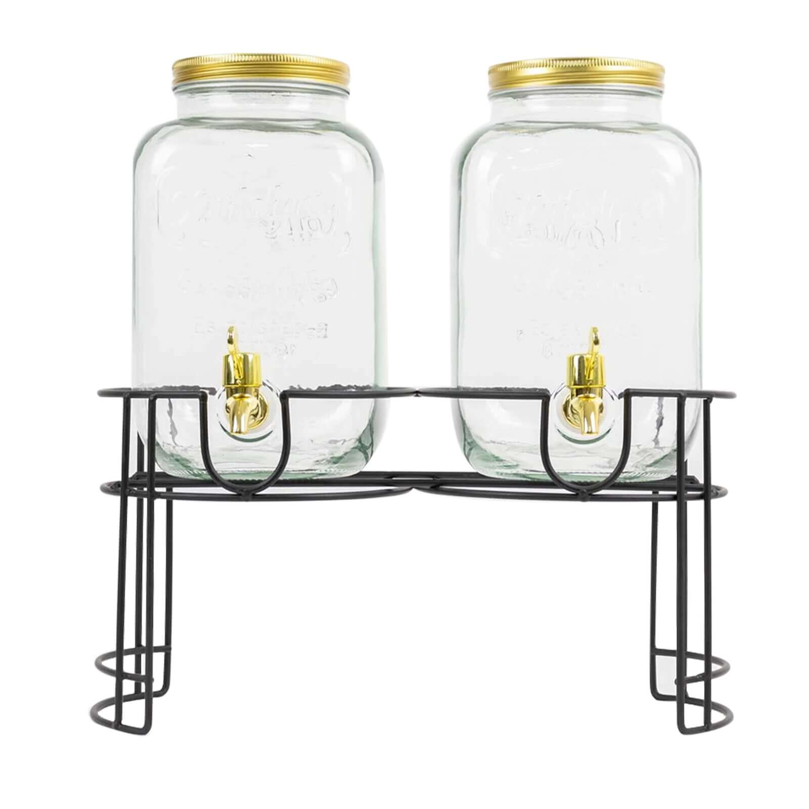 2-Pack Clear Glass Beverage Dispenser Stand, Dual Juice Jars with Gold Metal Lids and Spigot - Convenient Serving Feature 2-Gallon