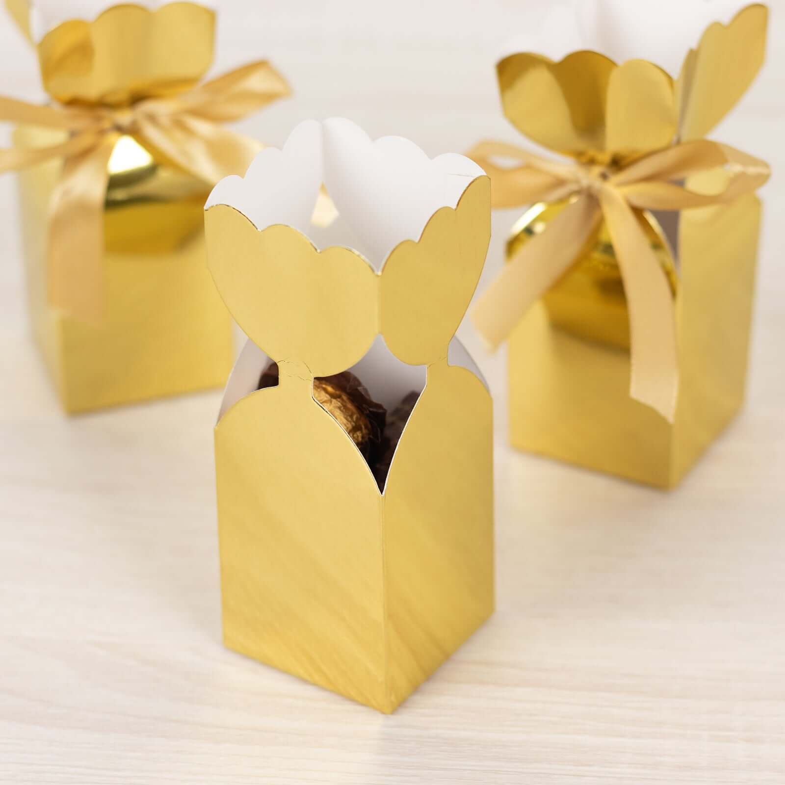 25 Pack Gold Floral Top Satin Ribbon Party Favor Candy Gift Boxes