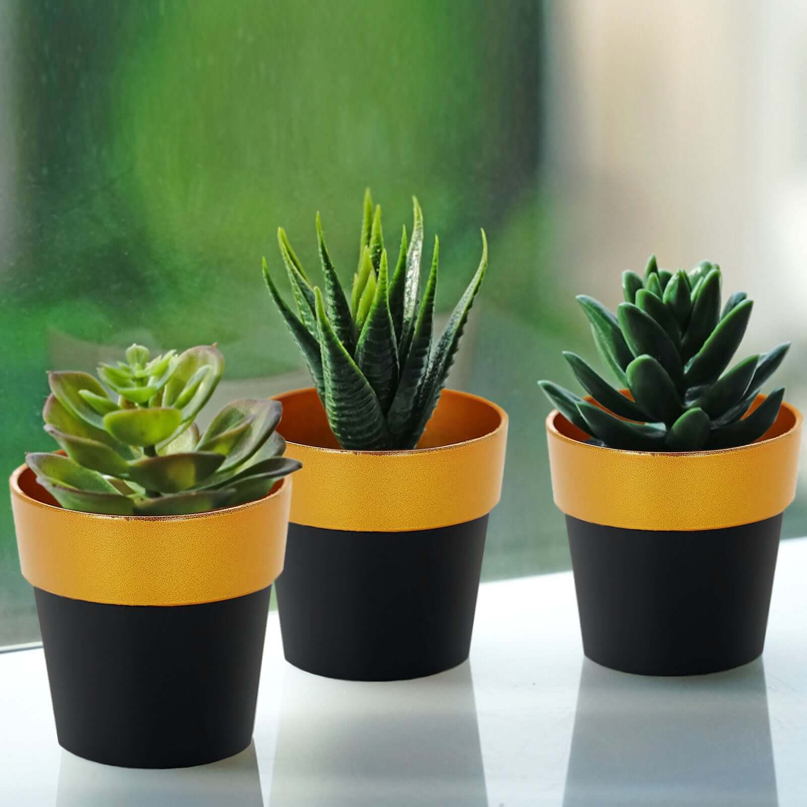 3-Pack Flower Plant Pots Small Design Black with Gold Rim - Plastic Indoor Decorative Planters 3