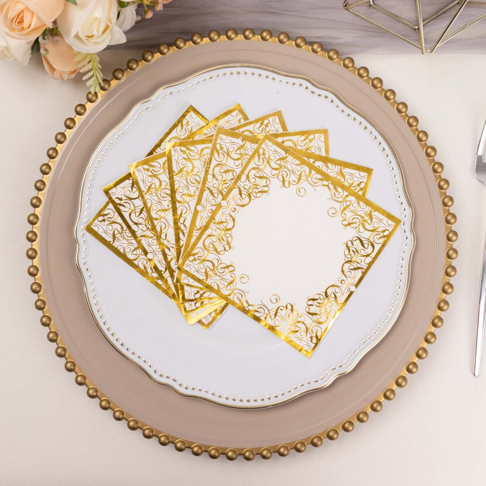 20-Pack Paper Beverage Napkins with Gold Foil Lace Design White - 3 Ply Disposable 18GSM European Style Cocktail Napkins 5x5