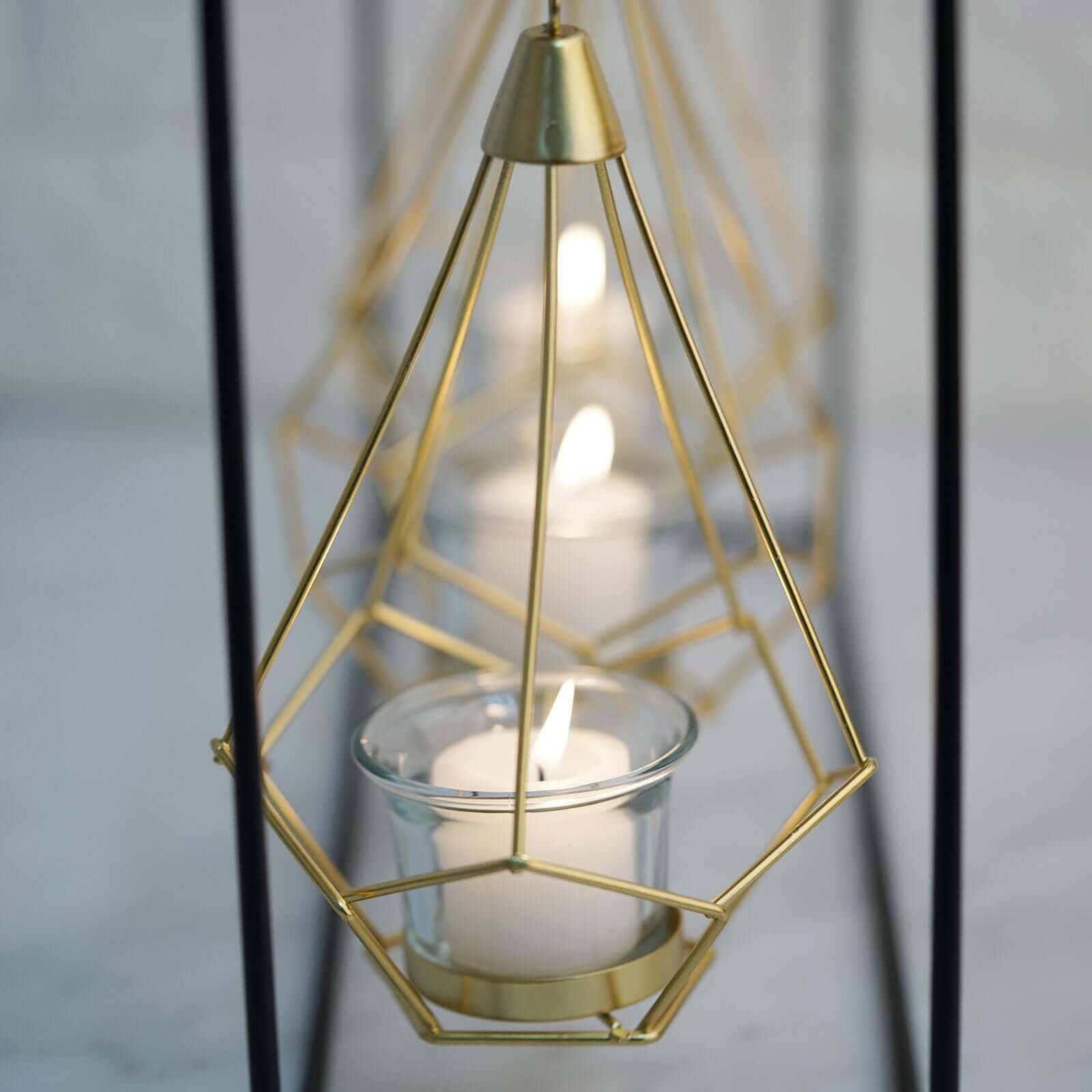 3-Pack Hanging Candle Holders Gold Geometric Design 8 with Black Iron Stand - Trendy Tealight Centerpieces for Tables 10 Tall