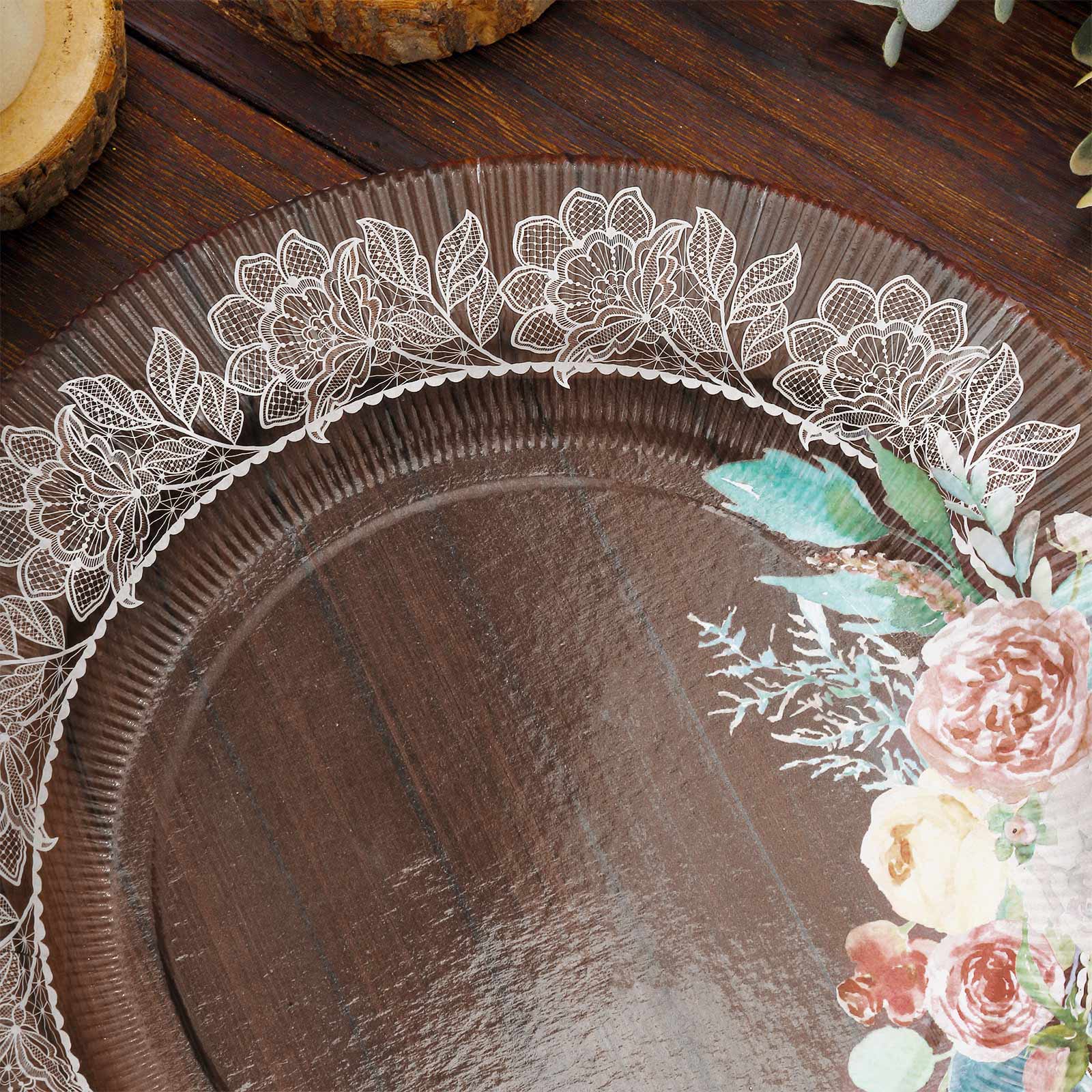 25-Pack Paper 8 Round Dessert Plates in Brown Wood Print with Floral Lace Rim - Disposable Salad Appetizer Plates for Farmhouse Events & Rustic Themes