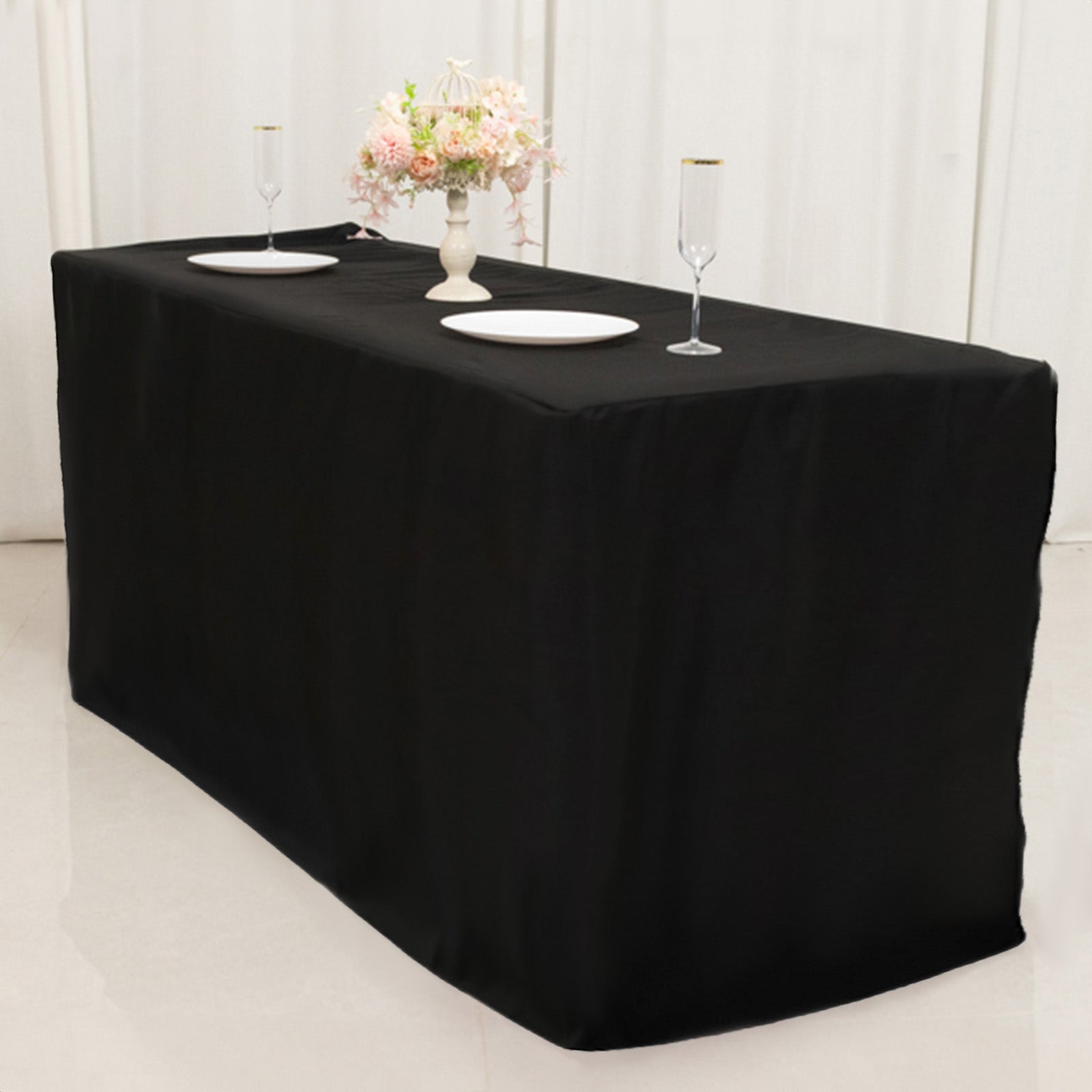 Fitted Polyester 72x24x42 Rectangle Tablecloth Black - Secure Fit for Elevated Tables