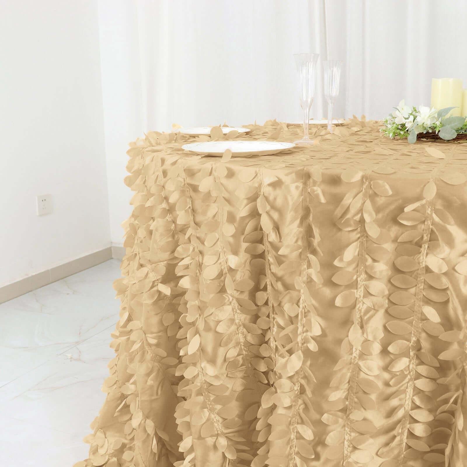 Taffeta 132 Round Tablecloth Champagne Leaf | 3D Leaf Petal Design Seamless Table Cover