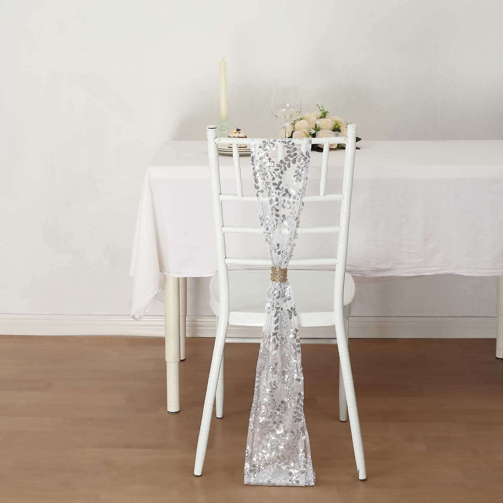 5 Pack Tulle Chair Sashes with Leaf Vine Embroidered Sequins Silver 6x88