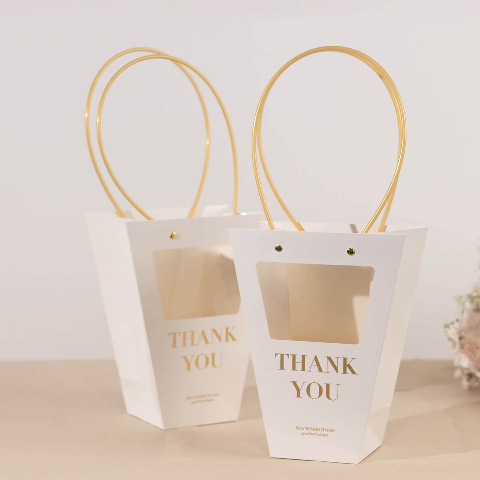 6 Pack Transparent White Paper Flower Gift Bags With Handles, Clear Window Thank You Party Favor Tote Bags in Trapezium Shape - 8x10