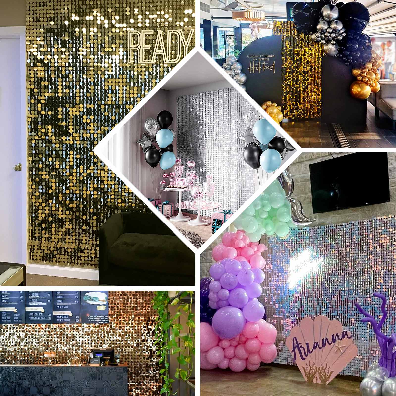 10sq.ft Shiny Silver Round Sequin Shimmer Wall Party Photo Backdrop, Active Spangle Wall Art Décor Panels - 10 Panels