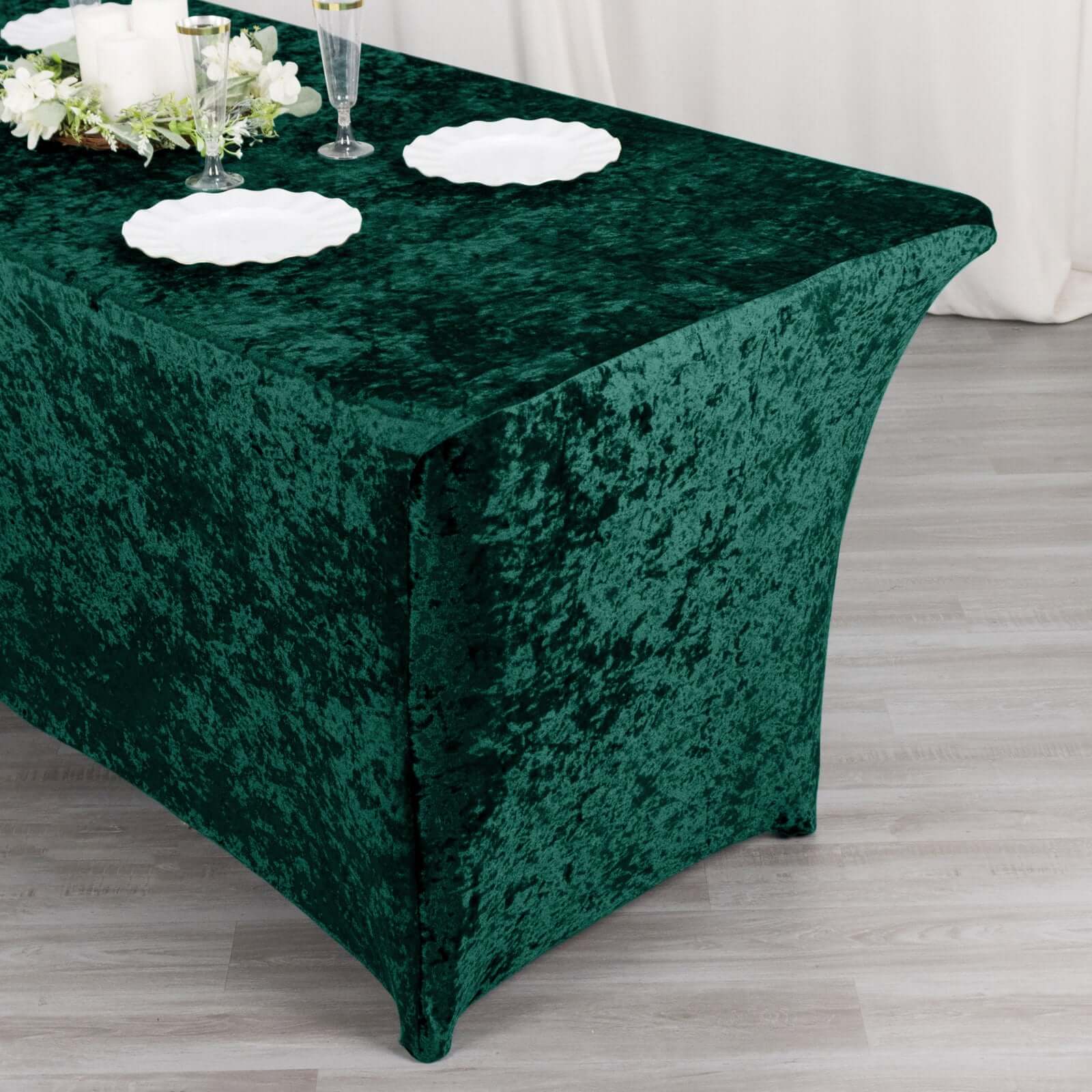 Crushed Velvet Fitted Rectangular 6ft Table Cover Hunter Emerald Green - Wrinkle-Free Stretchy Tablecloth