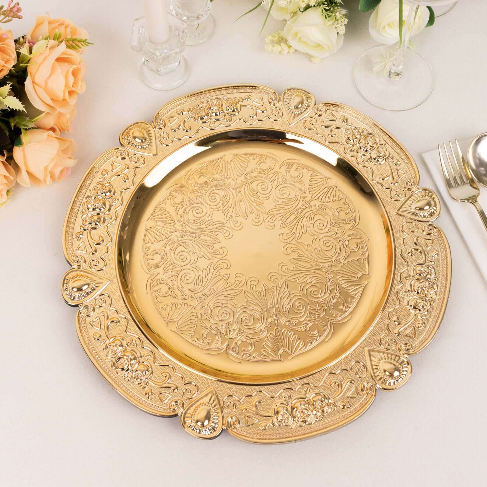 6-Pack Acrylic Round Charger Plates 13 in Gold Floral Embossed with Scalloped Rim, Plastic Decorative Charger Tableware