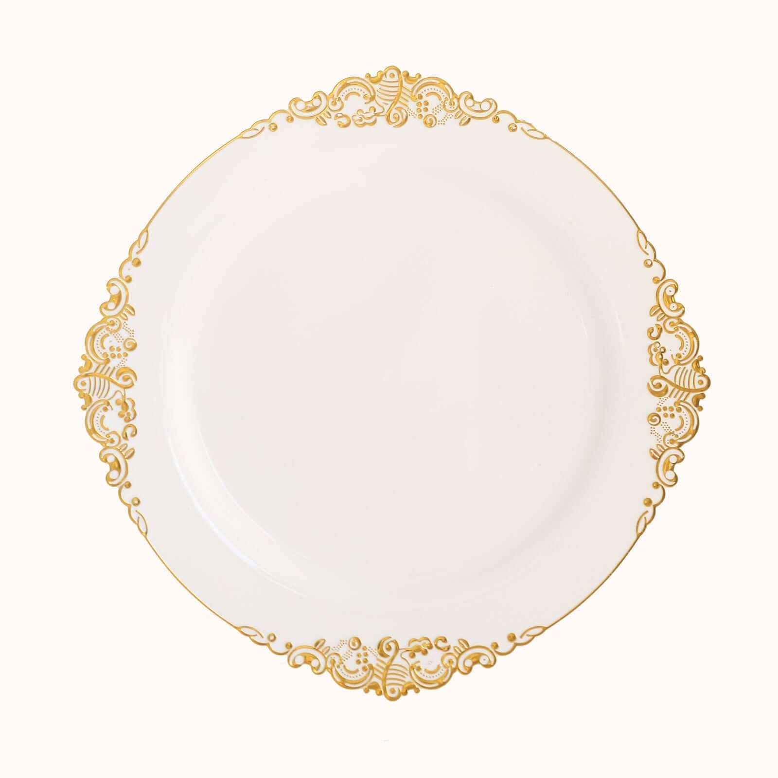 10-Pack Plastic 10 Round Dinner Plates in White with Gold Leaf Embossed Rim - Disposable Vintage Baroque Style Plates for Luxurious Gatherings & Events