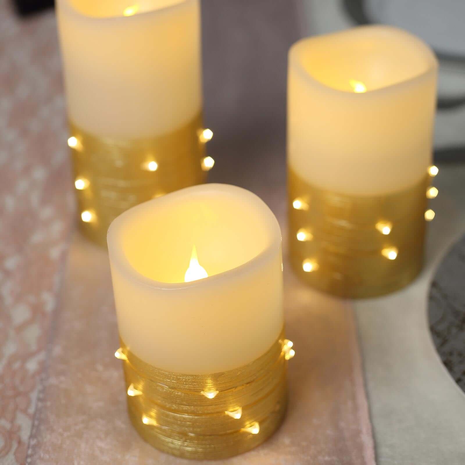 Set of 3 LED Flameless Pillar Candles Wrapped with Fairy String Lights Gold - Remote Operated 4, 5, 6