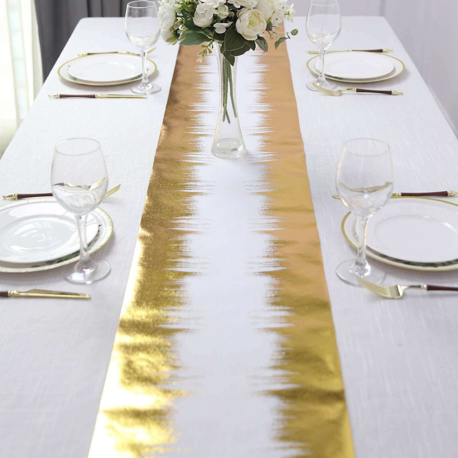 Disposable Table Runner Roll 108 Metallic Gold Foil Icicle Pattern - Stylish Non-Woven Table Decor for Special Occasions