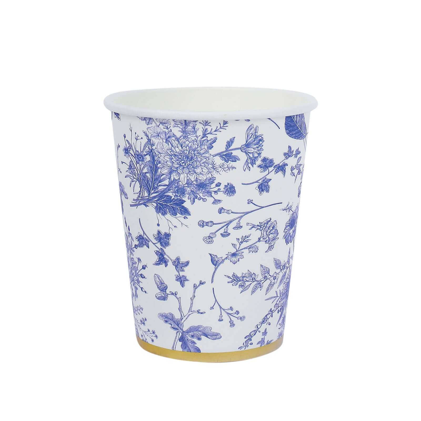 24-Pack Paper Cups in White with Light Blue French Toile Print - Stylish Disposable Floral Party Cups with Gold Rim for Hot & Cold Beverages 9oz