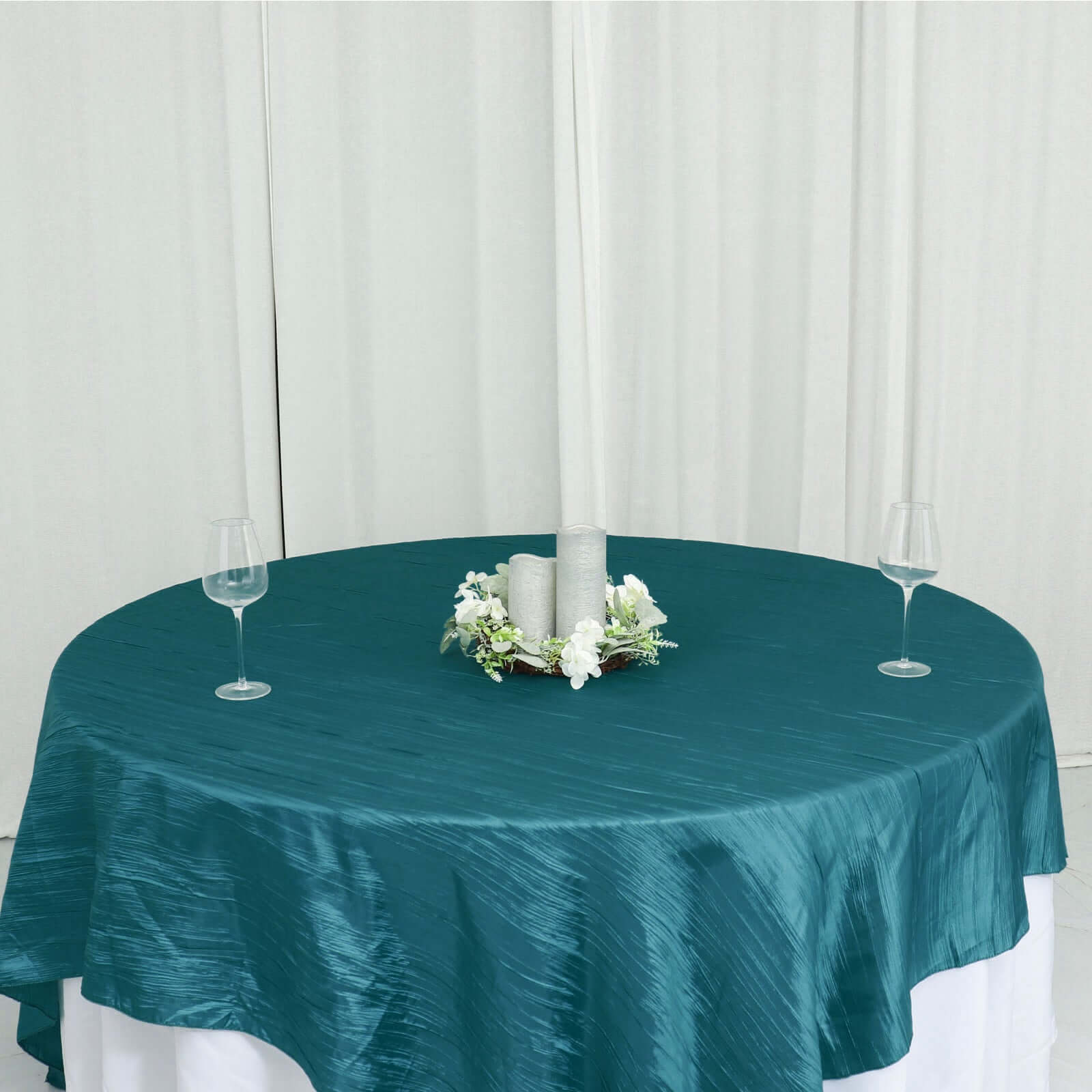 Taffeta 90x90 Table Overlay Square Tablecloth Peacock Teal - Accordion Crinkle Table Cover