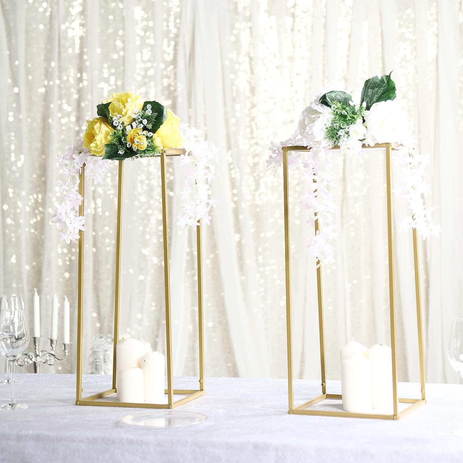 2-Pack Wedding Flower Stand Gold Metal Geometric Column Frame Rectangular - Versatile Floral Pedestal for Sophisticated Arrangements 24