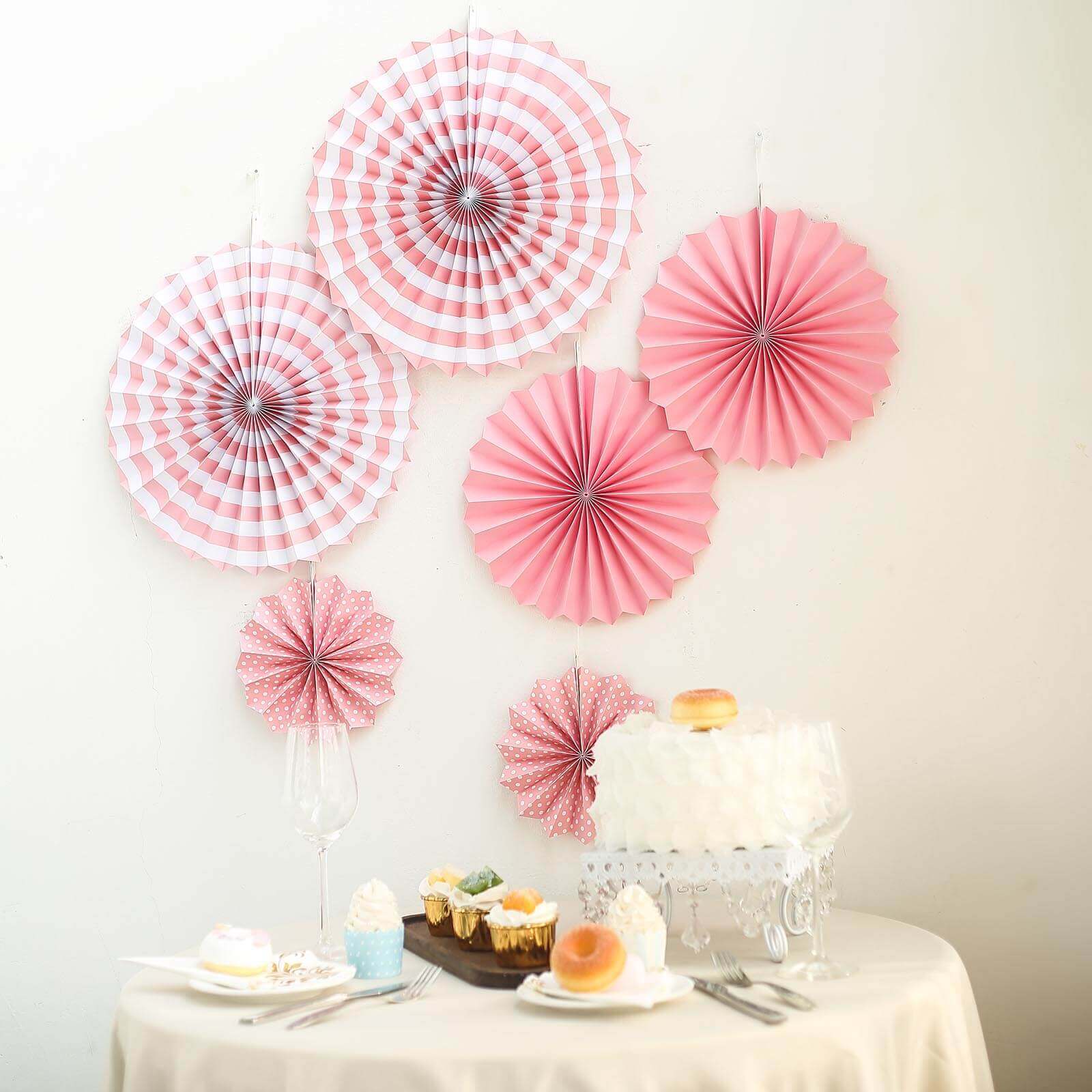 Set of 6 Pink Hanging Paper Fan Decorations, Pinwheel Wall Backdrop Party Kit - 8, 12, 16