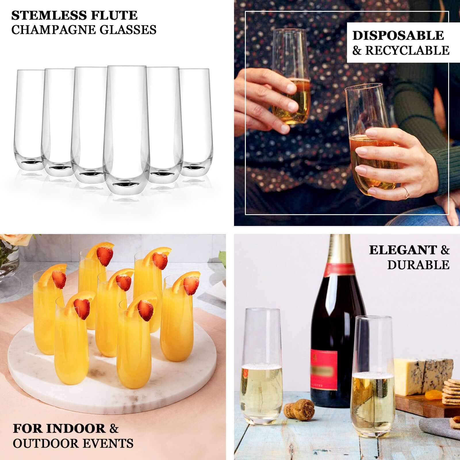 6-Pack Plastic Stemless Glasses Clear Champagne Flute Design - Reusable for Champagne 9oz
