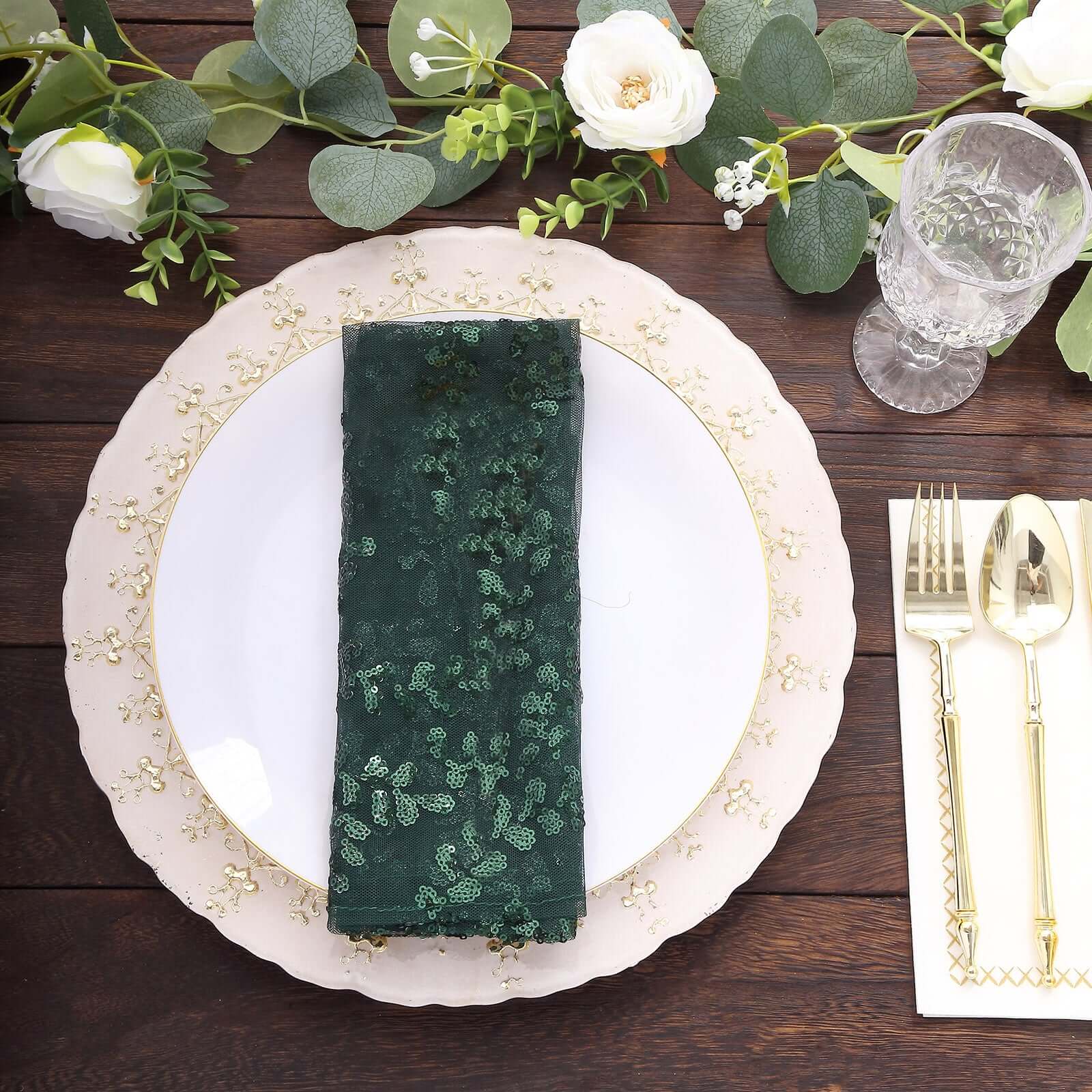 Sequin Tulle 20x20 Napkin Hunter Emerald Green - Embroidered Leaf Vine Dinner Napkins