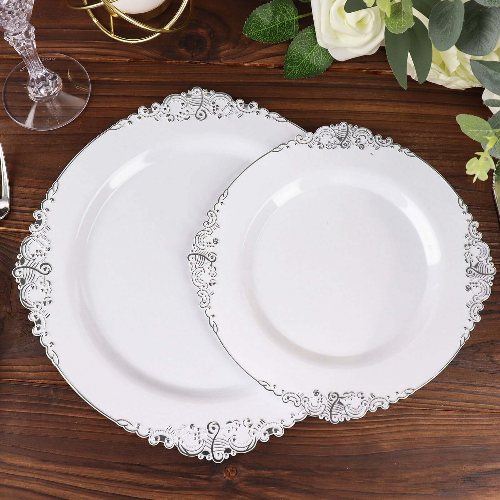 10-Pack Plastic 8 Round Dessert Plates in White with Silver Leaf Embossed Rim - Disposable Vintage Baroque Style Salad Plates