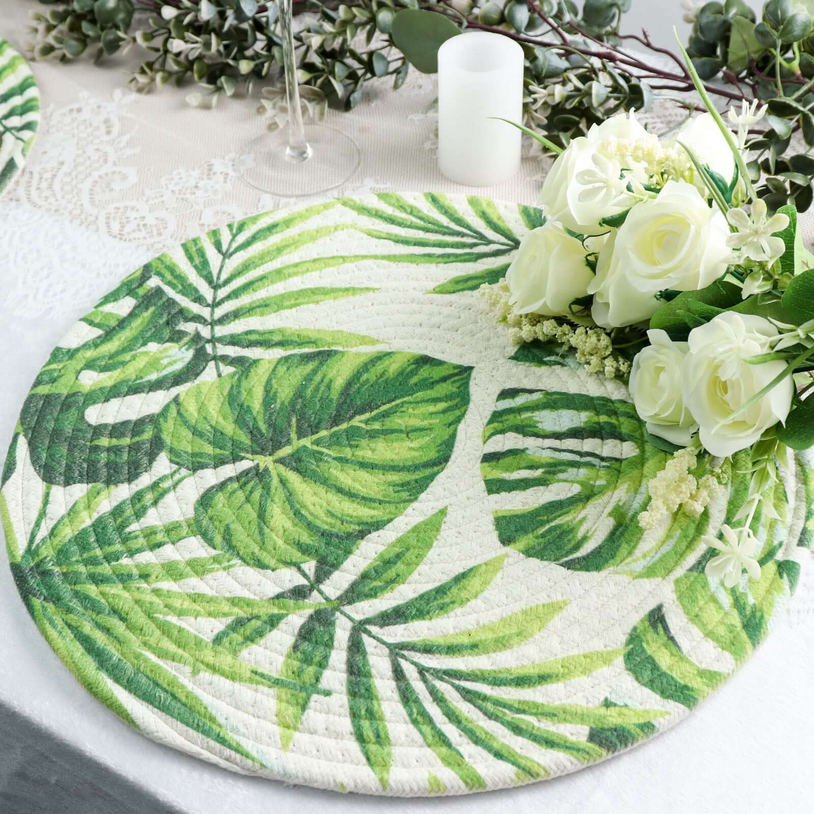 4-Pack Table Placemats Tropical Leaf Design Green Cotton Round - Woven Indoor/Outdoor Dining Mats 15