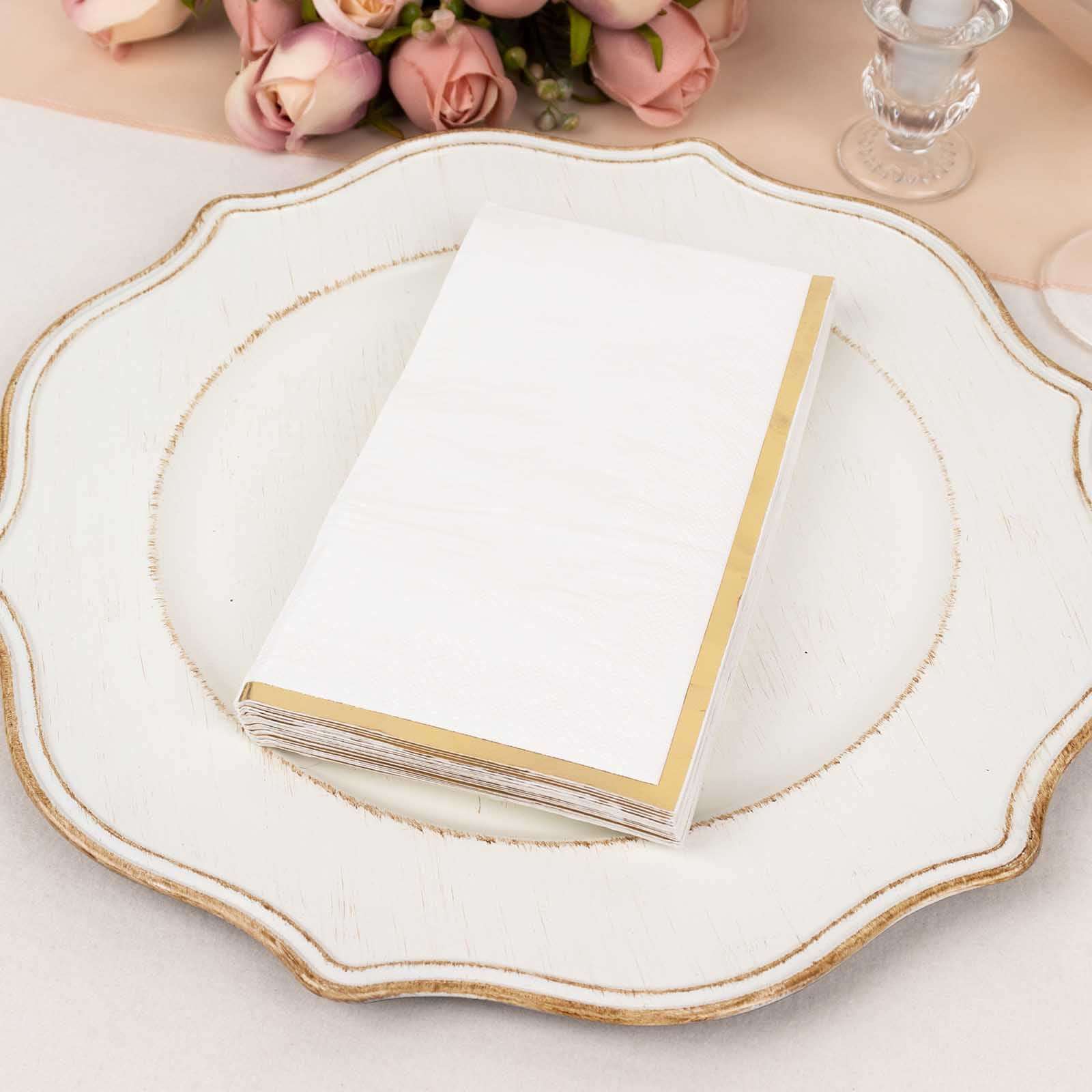 50-Pack Paper Dinner Napkins White with Gold Foil Edge 2 Ply - Stylish Disposable Napkins for Parties