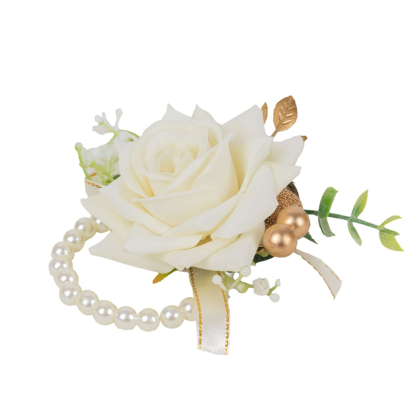 2 Pack White Artificial Rose Wrist Corsages With Pearls, 4 Flower Bracelet Wedding Accessories