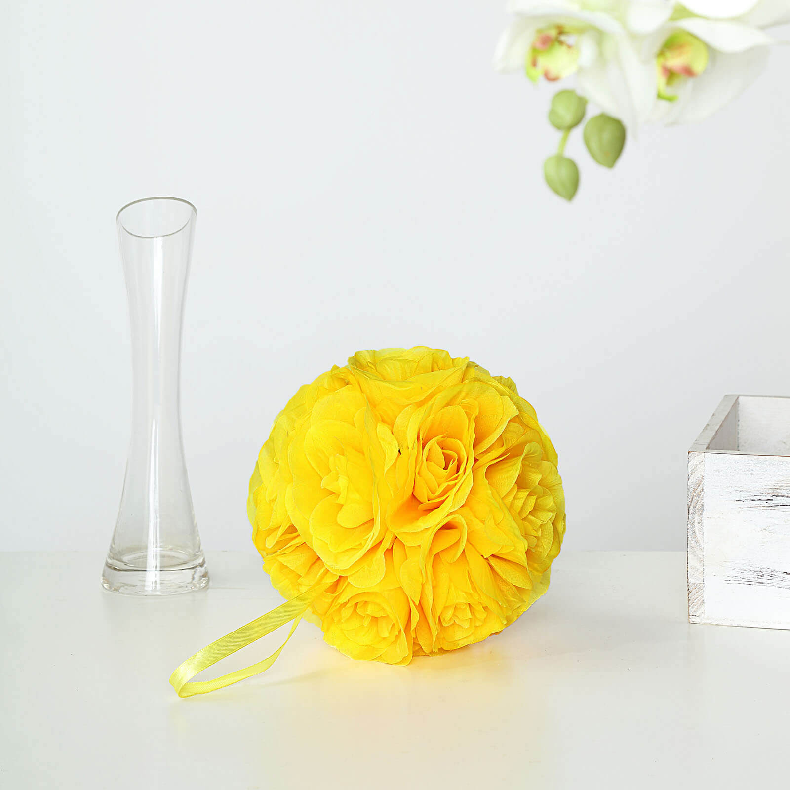 2 Pack 7 Yellow Artificial Silk Rose Kissing Ball, Faux Flower Ball